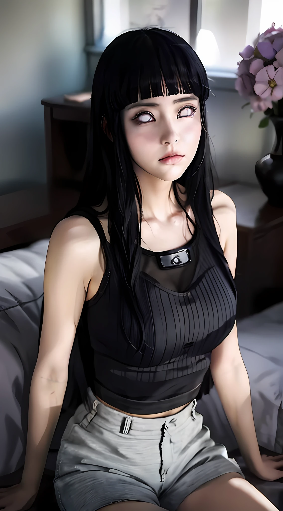 a woman in a black top and shorts, realistic girl, white lens, byakugan, cute girl, hinata naruto, hinata, hinata hyuga, seductive anime girl, beautiful alluring anime woman, hinata hyuga, anya from spy x family, inspired by Rei Kamoi, breast, sexy girl, anime hentai, tansparent, toples, transparent shorts, no bra, no pants, no CD, no underwear