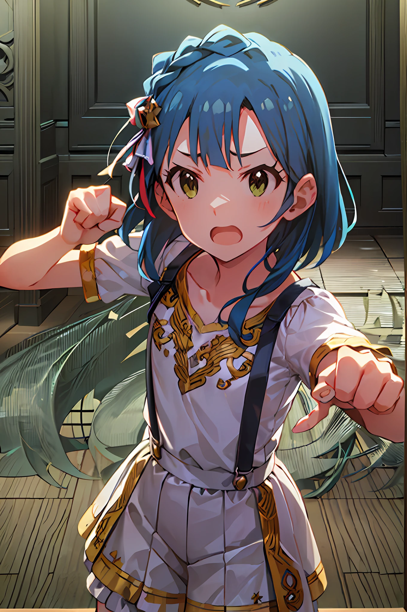 yuriko nanao (million live). Short stature. white t-shirts. suspenders.Skirt.(((masterpiece))).(((best quality))).((Ultra-detailed))).(((illustratio))). (((fighting stance))).(((a room))).(((make a fist))).(((up chest))).Despair face.((short-hair)).((Medium chest)).((Opening Mouth)).