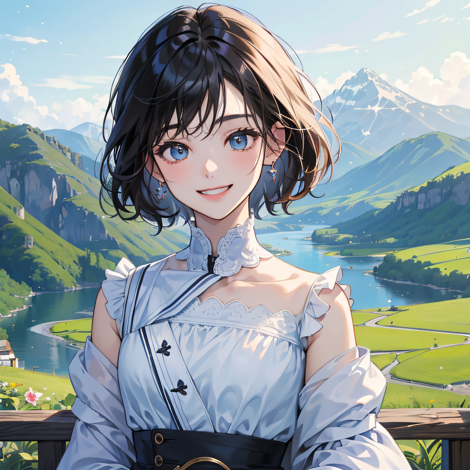 (in 8K、top-quality、masterpiece:1.2)、1人の女性、(Smiling smile:1.1)、beautidful eyes、Valley、The upper part of the body、shorth hair、Like a boy 、Black --auto