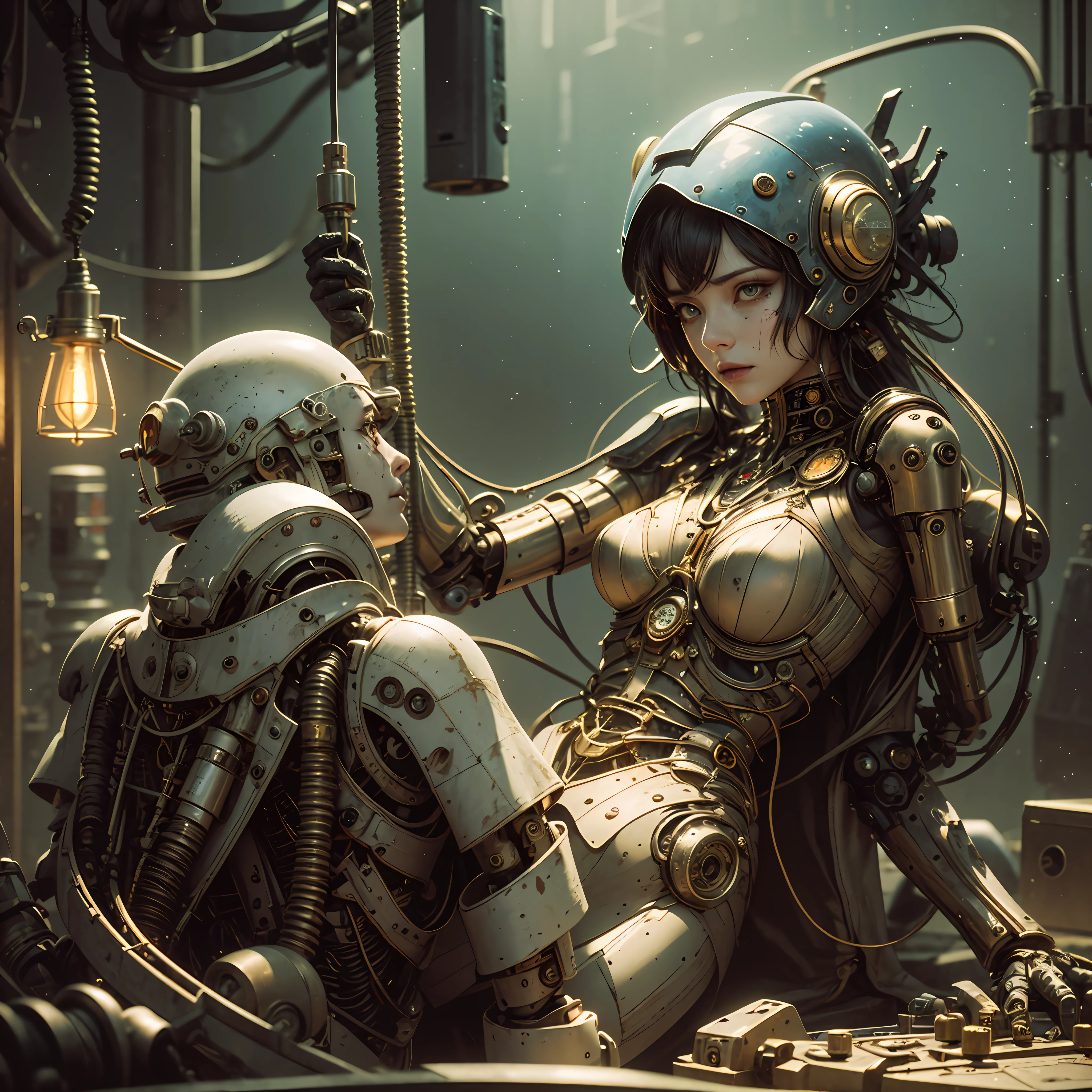 top-quality、masterpiece、超A high resolution、(Photorealsitic:1.4)、Raw photo、女の子1人、Black hair、glowy skin、1 Mechanical Girl、((super realistic details))、The left half of the body is a mechanical portrait、Global Illumination、Shadow、octan render、8K、ultrasharp、Colossal tits、Raw skin is exposed in cleavage、metals、Details of complex ornaments、Steampunk details、Analog Meter、gear wheel、gear、Golden hydraulic cylinder、highly intricate detail、Realistic light、CGSoation Trends、a purple eye、radiant eyes、Facing the camera、neon details、Mechanical limbs、blood vessels connected to tubes、Mechanical vertebrae attached to the back、mechanical cervical attaching to neck、sitting on、Wires and cables connecting to the head、Gundam、Small LED lamp、 --auto