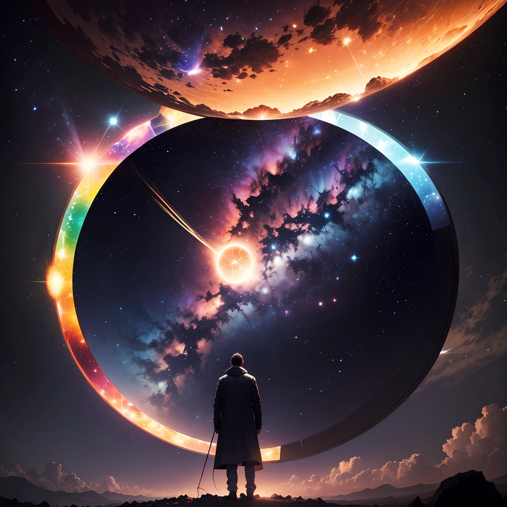 RGB photo，cosmic starry sky，The central disc is translucent，There were meteors flashing，The back of a man stands in the middle of the central disc，Look down at the stars，7680*4320，softlighting --auto