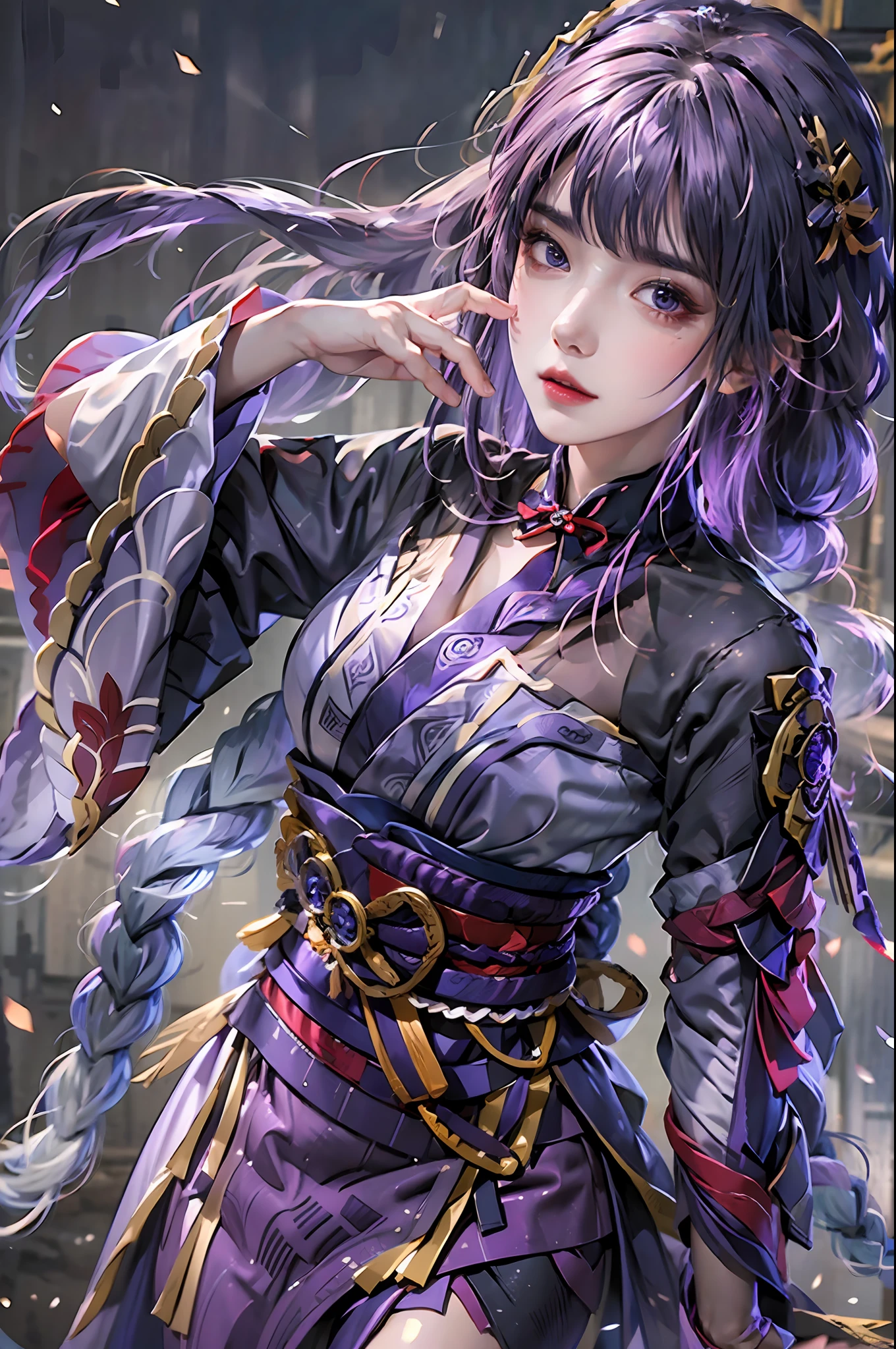 photorealistic, high resolution, 1 girl, hips up, purple hair, blunt bangs, 1 braid, wide sleeves, hair ornament, beautiful eyes, normal breast, raiden shogun costume