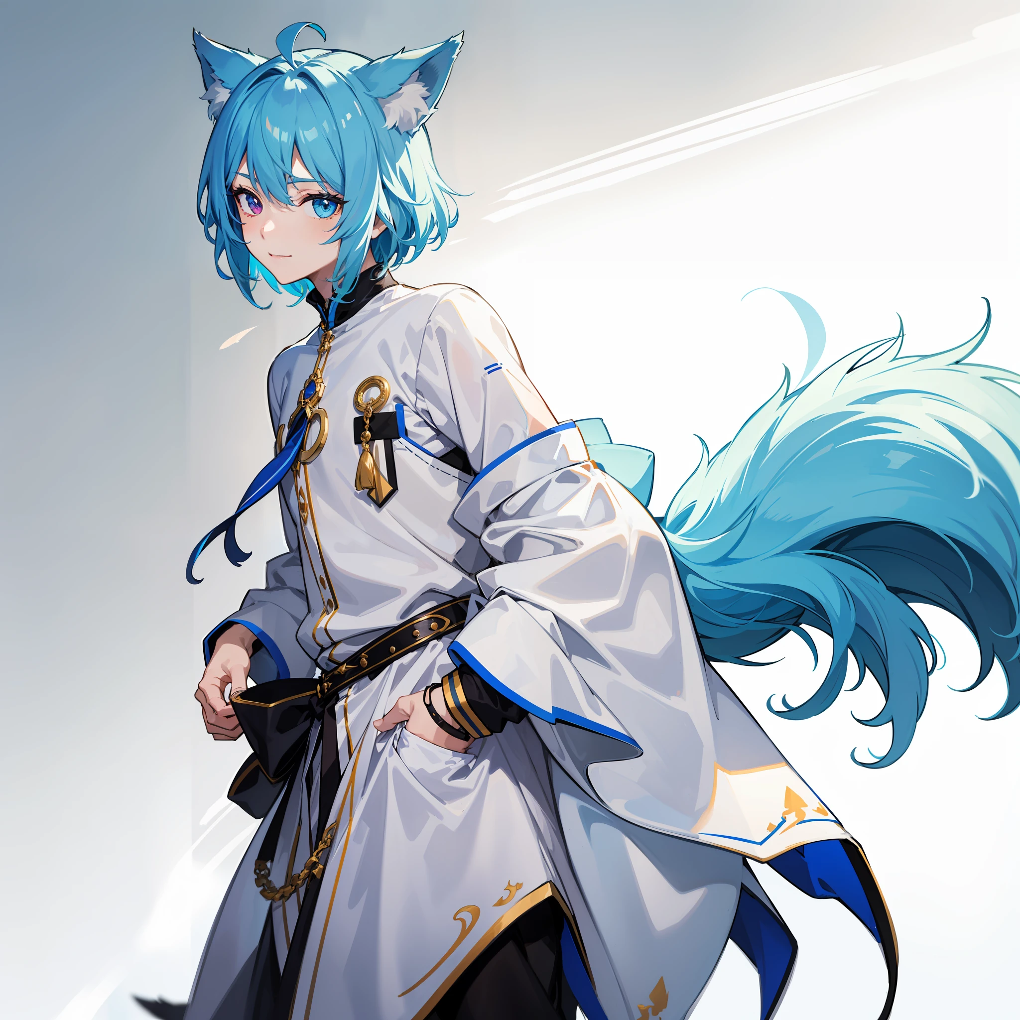 tmasterpiece， High- sharpness， Best quality at best， 1 boy solo，ssmile， komono ，1boy，Shota，(high-definition quality，Masterpiece level)，Wolf ears、Wolf Tail highlights the sense of belonging to the character，（Heterochromatic eyes and the color of light blue hair echo each other），with clean lines，Show the modesty and confidence of the character，tmasterpiece, lightblue hair,（Heterochromic eyes）,(Wolf ears),(Wolf tail)，One tail，A young boy with，Lean body type，Dull hair，Brown pick dye，with fair skin