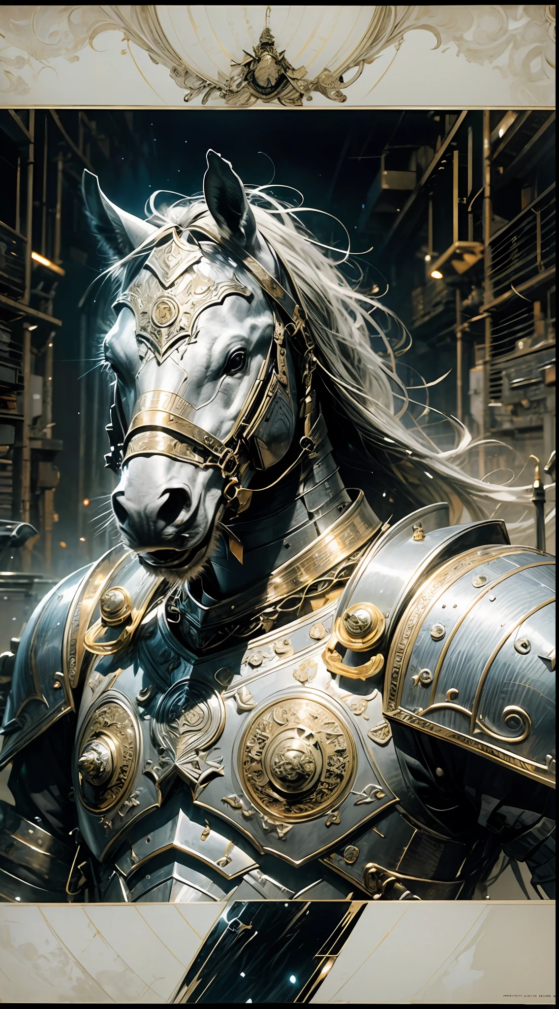"Movie clip of the Silver Armored Horse Warrior,Elaborate heavy armor glistens in movie lights。”
