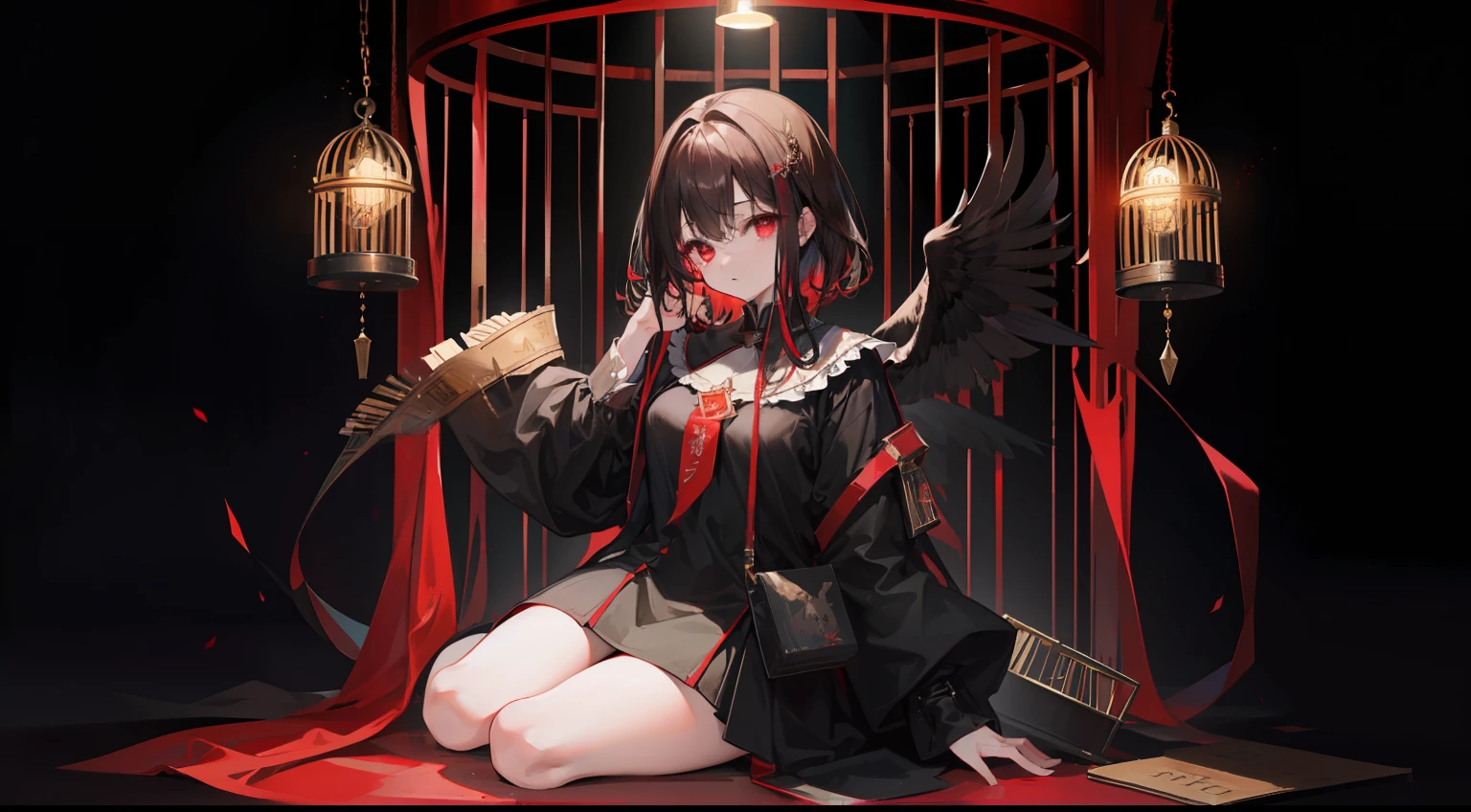 (((In a large bird cage))))、One girl、Physical education sitting、red eyes、A dark-haired、Medium hair、masterpiece、top-quality、Top image quality、cute little、murky、1a person、The dim、black backgrounds