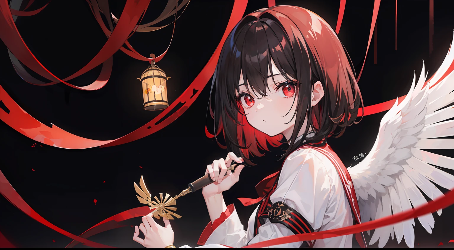 （（（In a large bird cage））））、One girl、Physical education sitting、red eyes、A dark-haired、Medium hair、​masterpiece、top-quality、Top image quality、cute little、murky、１a person、The dim、black backgrounds