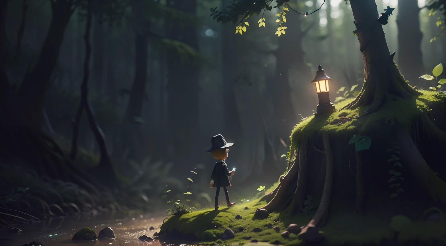 Mysterious Pinocchio doll walking on a small trail through the dark forest with many trees moss vines slime fireflies midnight backlight moonlight (masterpiece: 1.2) (illustration: 1.2) (best quality) (circumstantial) (intricate) (8k) (HDR) (wallpaper) (cinematic lighting) (sharp focus)