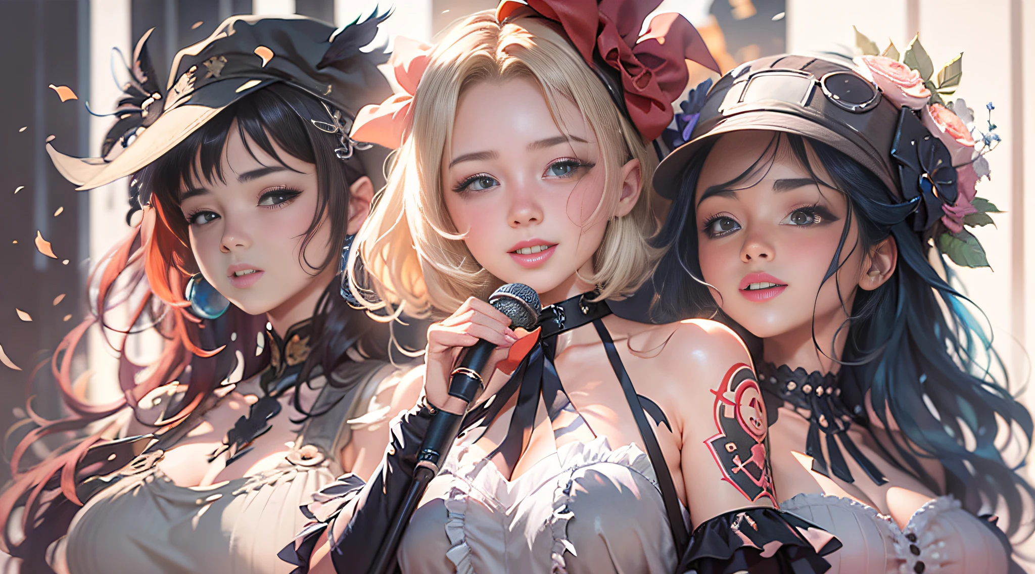 Three women in costumes are singing together, view front, artwork in the style of guweiz, wlop and sakimichan, ArtGerm. Anime Illustration, artgerm and atey ghailan, very detailed Artgerm, Trending on CGSTATION, fanart best artstation, guweiz on pixiv artstation, ig model | ArtGerm --auto