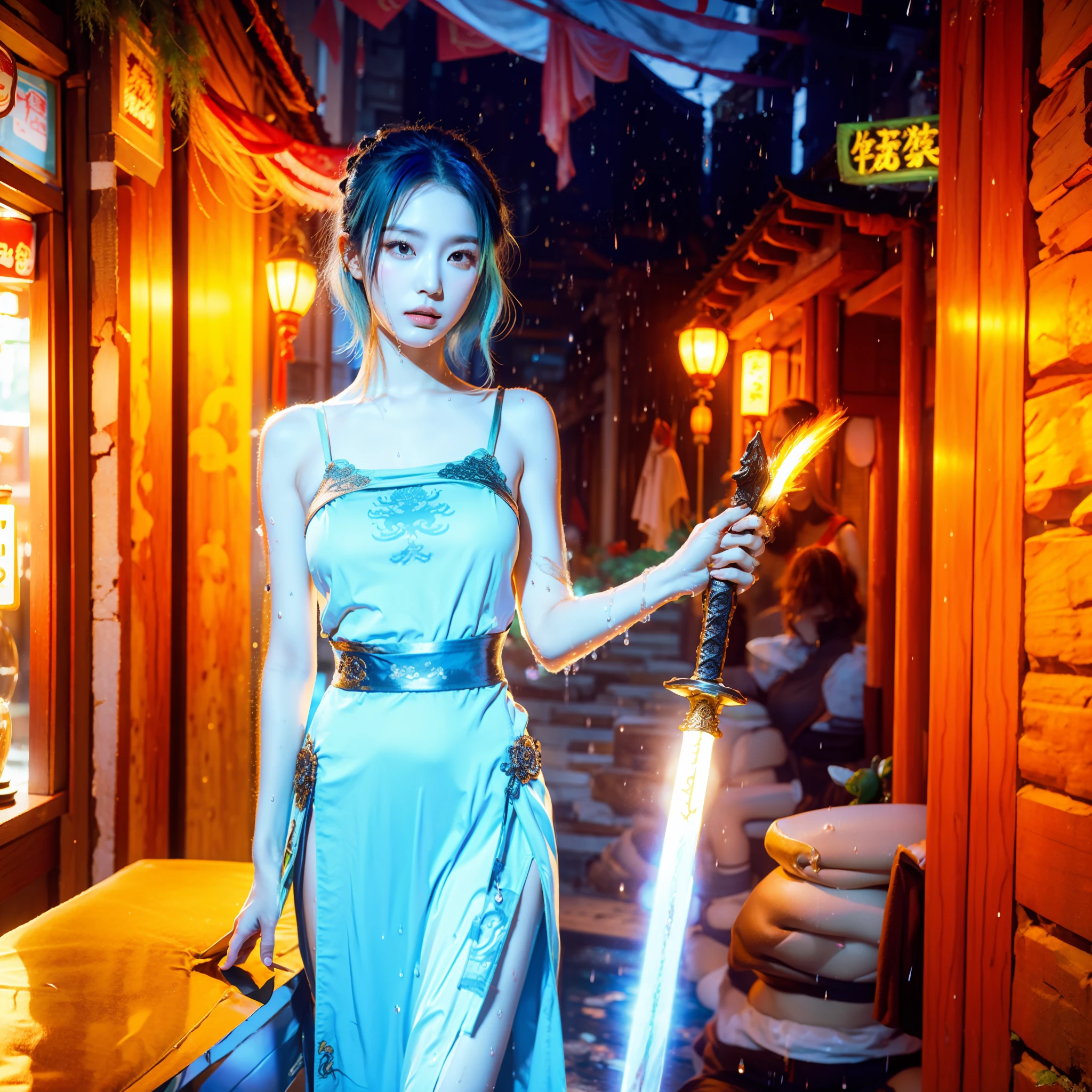 bluer hair:1.2,Short hair,femele,Ancient Chinese street scene,Rainy days,Blue cheongsam tight one-piece slit，Broad bare breasts，The skirts parted，Satin,Full-body image，Wet dripping，Holding a green dragon sword in his hand，The sword body is bubbling with cold light，Facial moisture，Expose the collarbone