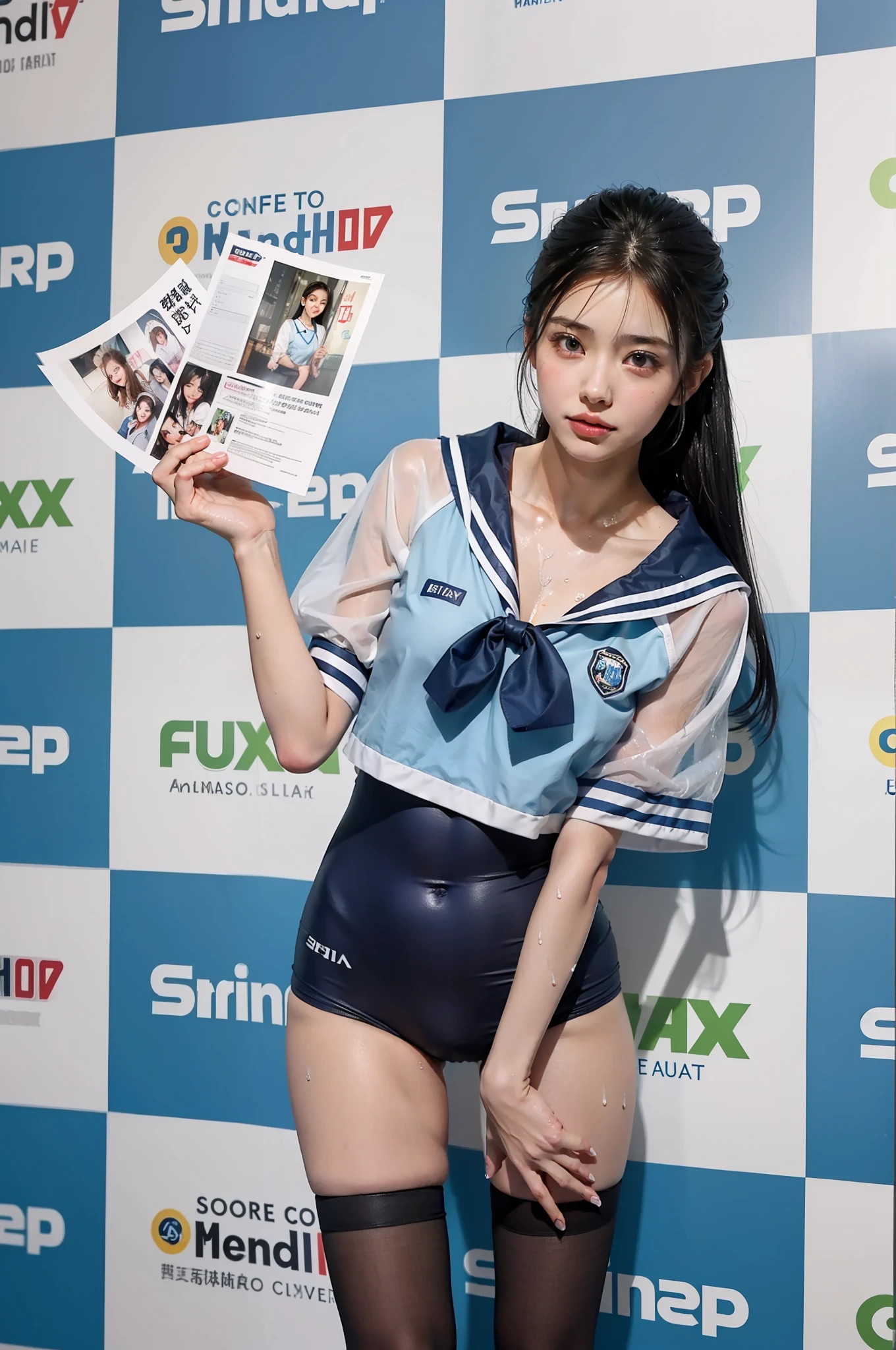 ((top-quality))、((masterpiece))、girl with、Formal-up、beautiful detailed eyes and face、pretty skin、Realistic、a very cute、22year old、School swim wear(Dark blue color、Simple design、Matte texture、Wrinkle、Wet、Polyester material、shadings、)Wet body、Anime Face、Beautie、Facing the front、big eye(Beautiful fece、Anime Face、Clear eyes、Fine details、beautidful eyes)Well-formed face(Beautiful nasal muscles、Perplexed、sharp mouth)full of sweat、sodden、Wet feeling、Background with(sunny sky、takeout)、8K picture quality、perfectly proportions、A slender、red blush、female focus on, hair adornments,length hair, Look at viewers,pissing、お漏らし、pee、getting wet
