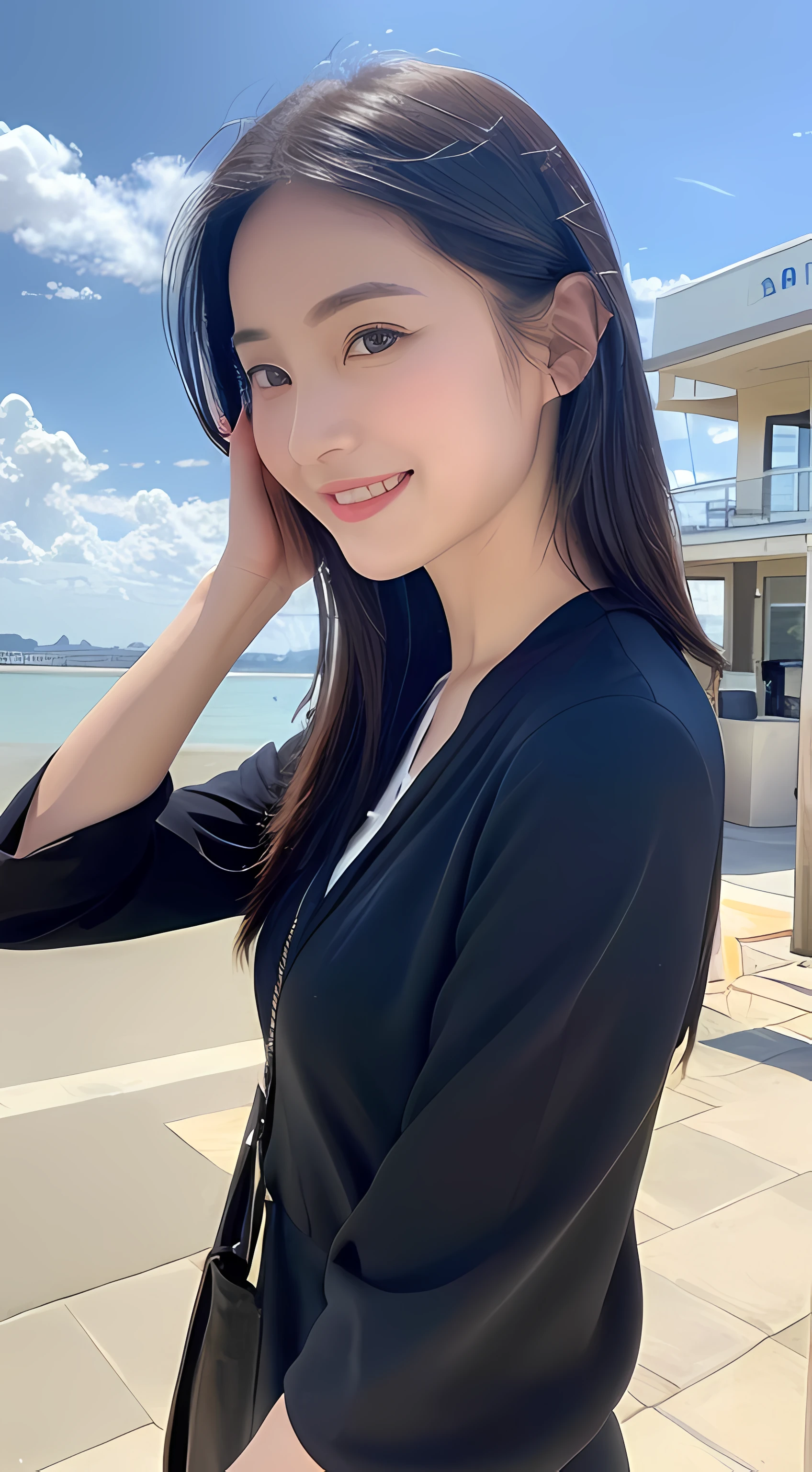 ((best qualtiy, 8K, tmasterpiece:1.3)), A pretty maiden，Pure，Melon seed face，gentle and cute，Thin stature，[Detached sleeves::0], [capri pants::0]，Black silky straight hair，Exquisite and perfect facial features:1.2，Shining with God's eyes，Hydrated red lips，Sweet Royal，with blue sky and white clouds，rays of sunshine，seaside backgroud:1.3，Sweet smile， (sandals:1.0), Professional clothing for flight attendants:1.1, close-up all over the body:1.3,A pair of slender beautiful legs:1.0,(Five fingers are normal，stand posture:1.1)