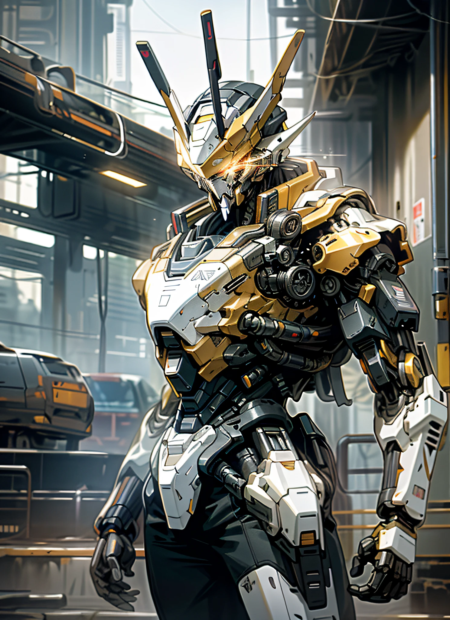 Dark_Fantasy,Cyberpunk, (Best quality, Masterpiece),Yellow,1man,Gundam,Robotic presence,Cybernetic guardian,wearing a cybernetic jacket, Laser Beam, city, highest quality digital art, Stunning art, wallpaper 4k, highly detailed, military robot,army, warzone,black and white, highest quality digital art, Stunning art, wallpaper 4k,8k,64k, HD, unparalleled masterpiece, dynamic lighting, cinematic, epic, damaged mechanical parts