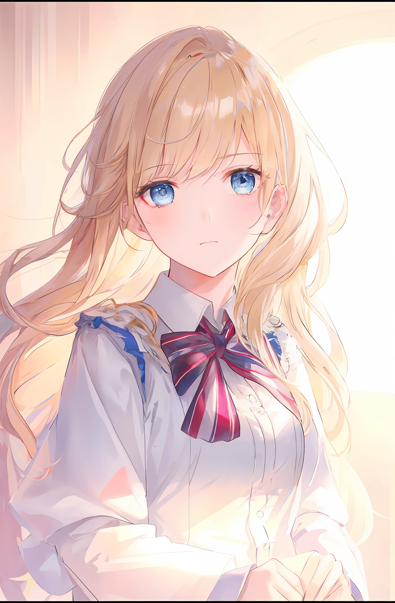 Long blonde hair,eBlue eyes,neck bowtie,Soft light and shadow