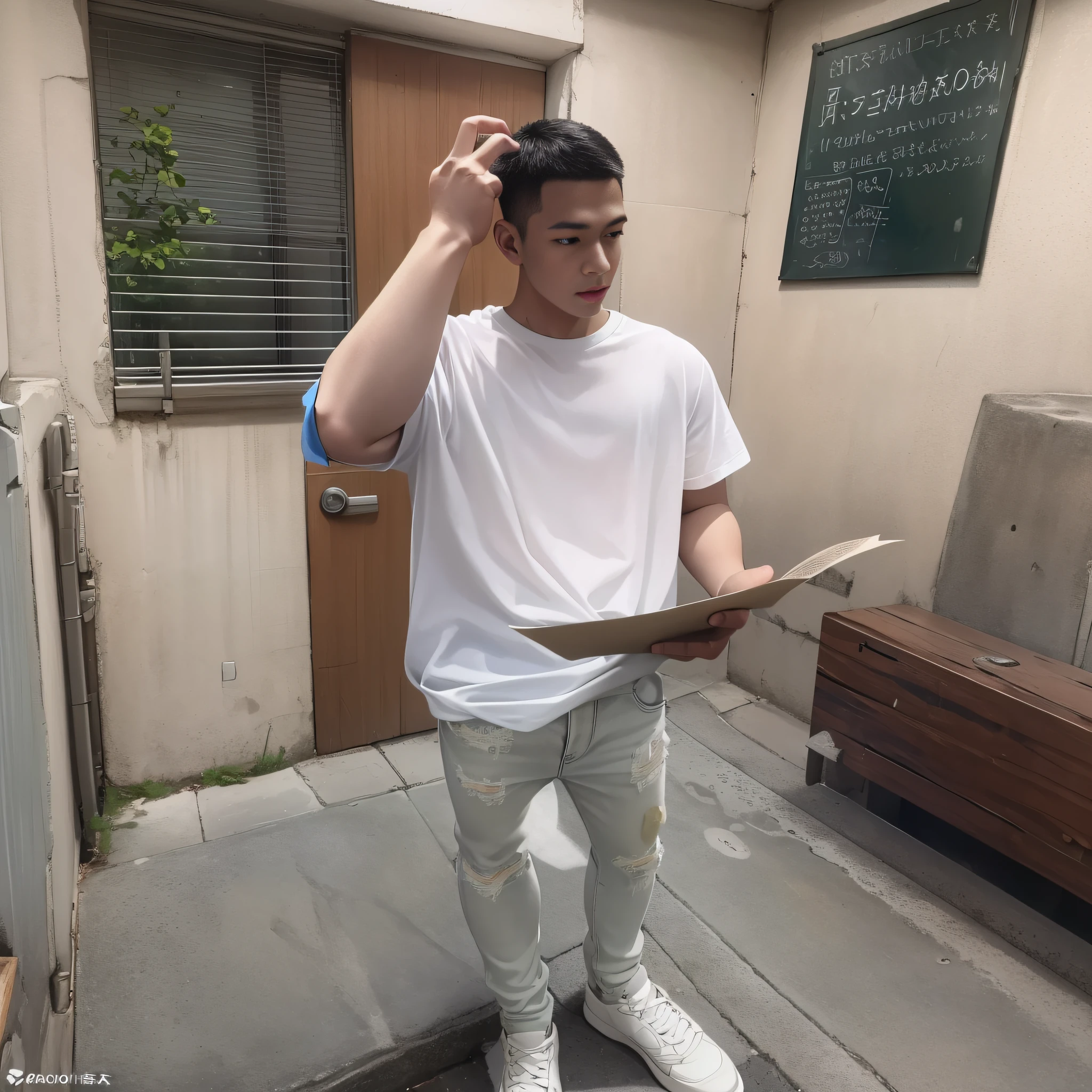 (8K,RAW photos,best qualtiy,tmasterpiece:1.2),(realisticlying,photograph realistic:1.37),(Long shots:3), A male classmate is dressed(White T-shirt and jeans),Holding a piece of paper in his hand