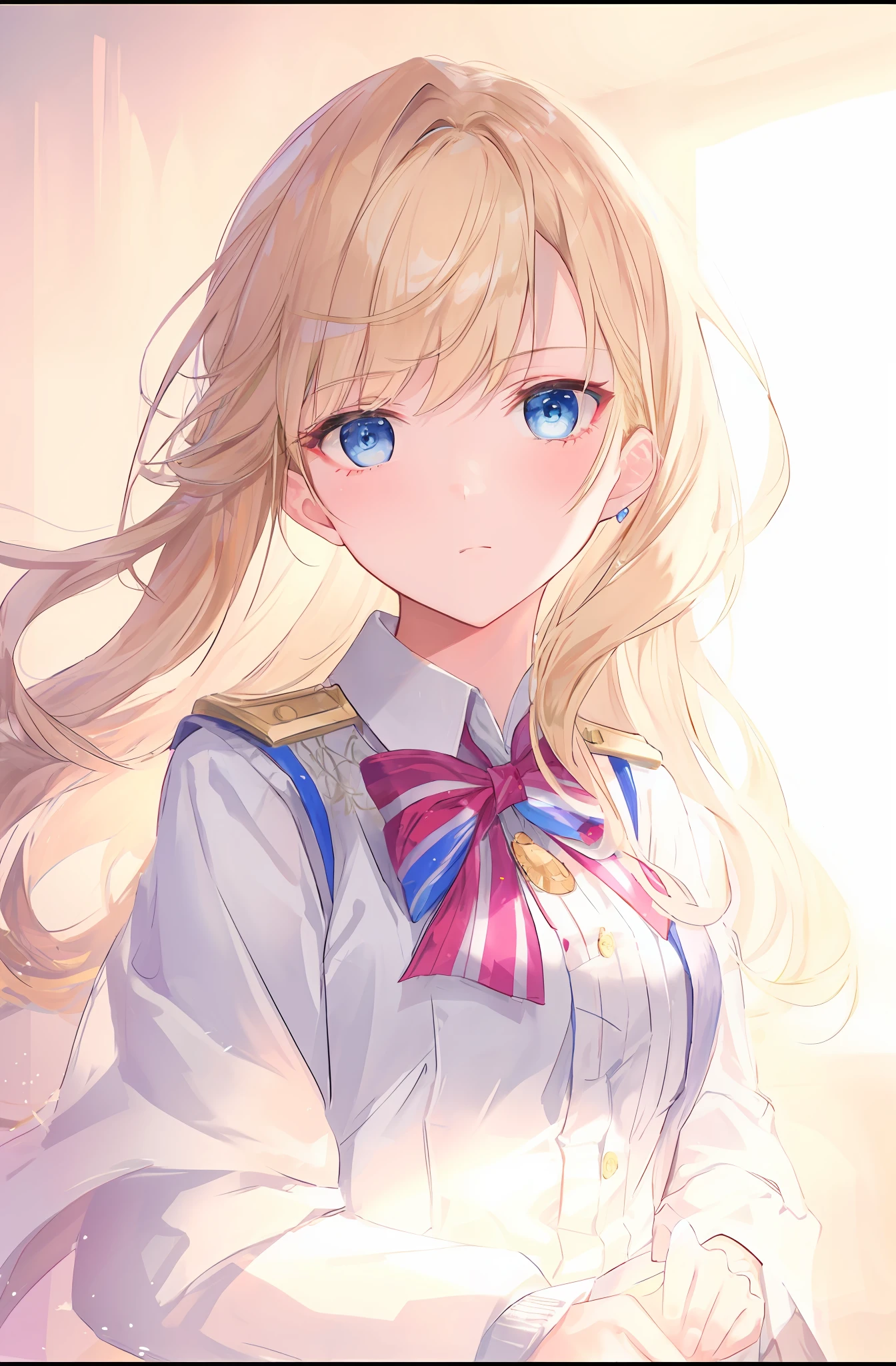 Long blonde hair,eBlue eyes,neck bowtie,Soft light and shadow