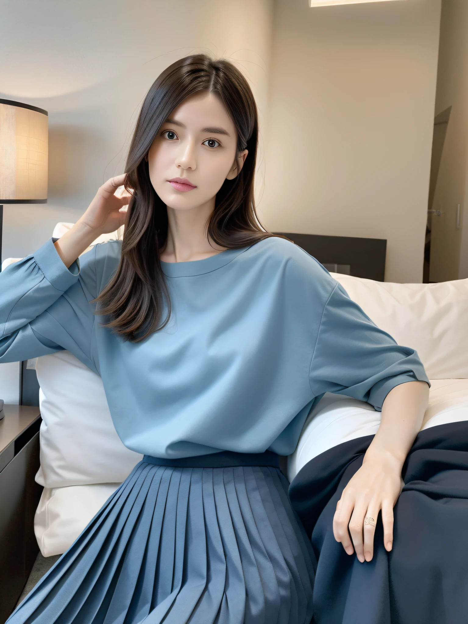 Japan woman sitting on bed in blue shirt and pleated skirt、