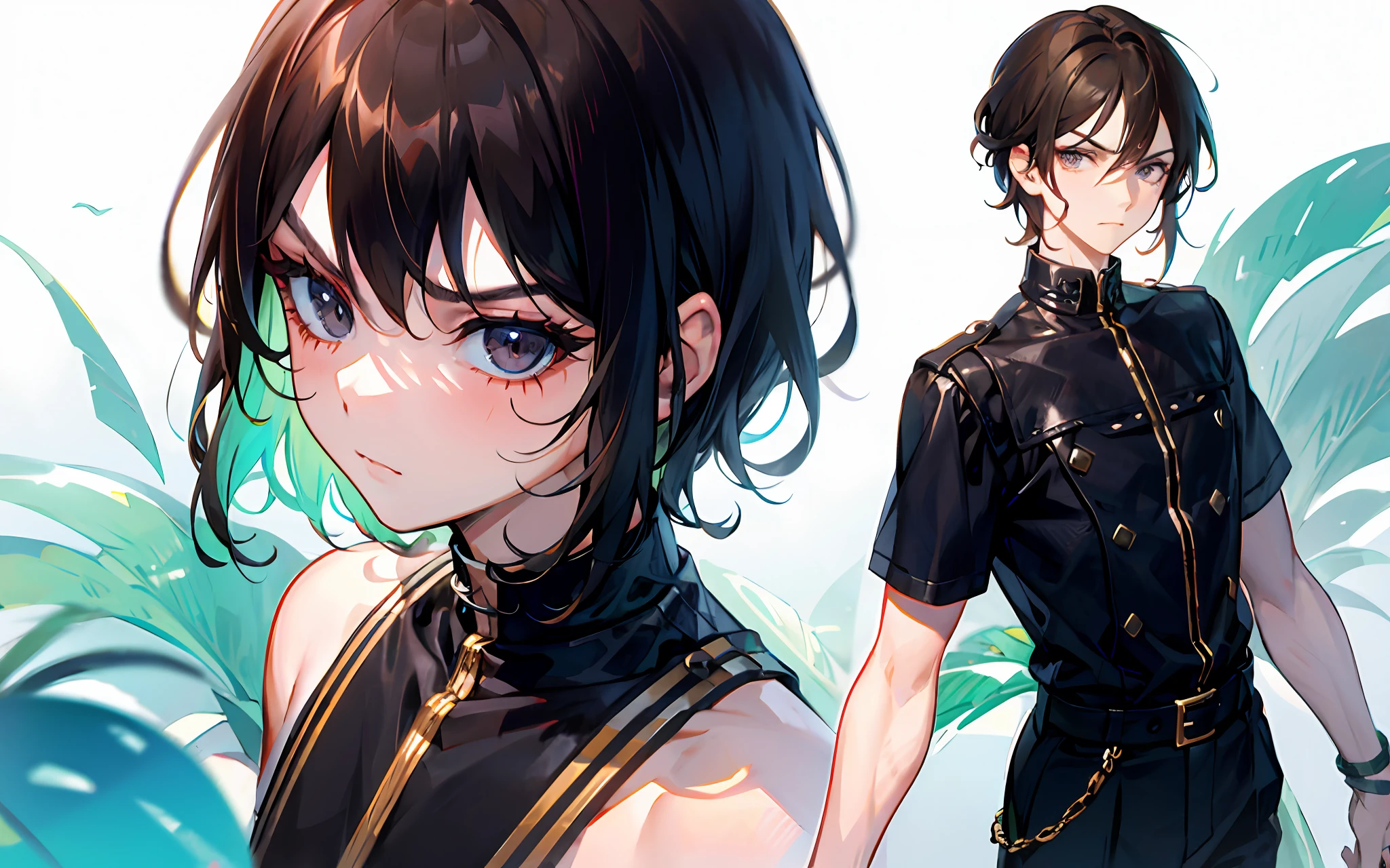 Brunette boy,short detailed hair,A fierce expression