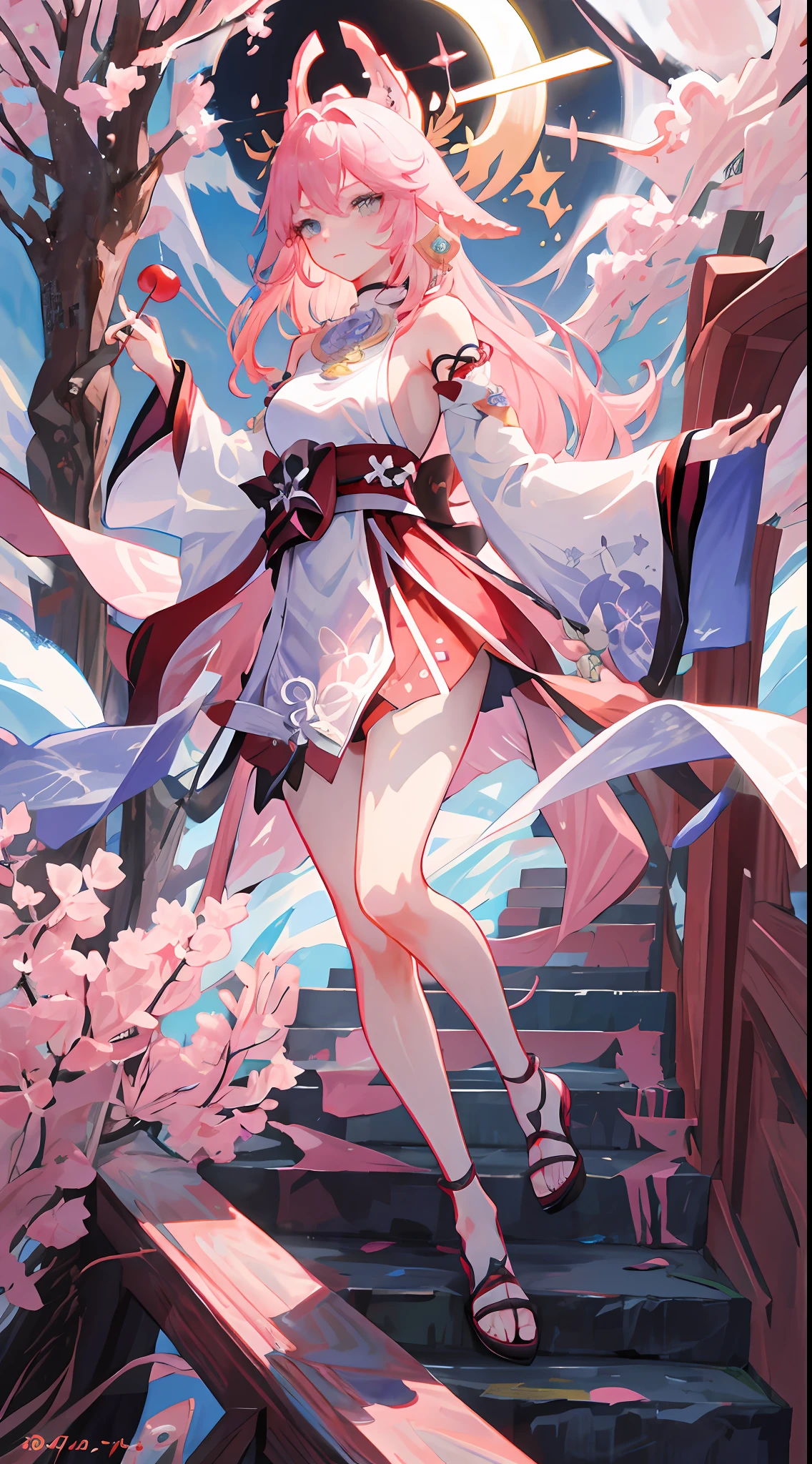 （（realistic illumination，top-quality，8K，tmasterpiece：1.3）），(Yae Miko，Genshin painting style，A pink-haired，the cherry trees，Mature woman)Clear focus：1.2，1womanl，Perfect beauty：1.4，Yushuxin，Elaborate Eyes，Pink fox pet，1girll，shift dresses，独奏，jewely，long whitr hair，耳Nipple Ring，Bow knot，busty figure，mediuml breasts，Pink dress，naturey，exteriors，exposed bare shoulders，long  skirt，Hair Bow，Pink bow，No shoulder strap，standing on your feet，choker necklace，tilt of the head，straplessdress，Lace sleeves，Close-up woman posing for photo in pink dress，Beautiful virgin，uma linda princesa，cute elegant pose，Wearing a pink dress，beautiful fantasy maiden，Anime princess，beautiful and seductive anime woman，Beautiful Asian Girls，attractive anime girls，elegant glamourous cosplay，Luxurious princess dress