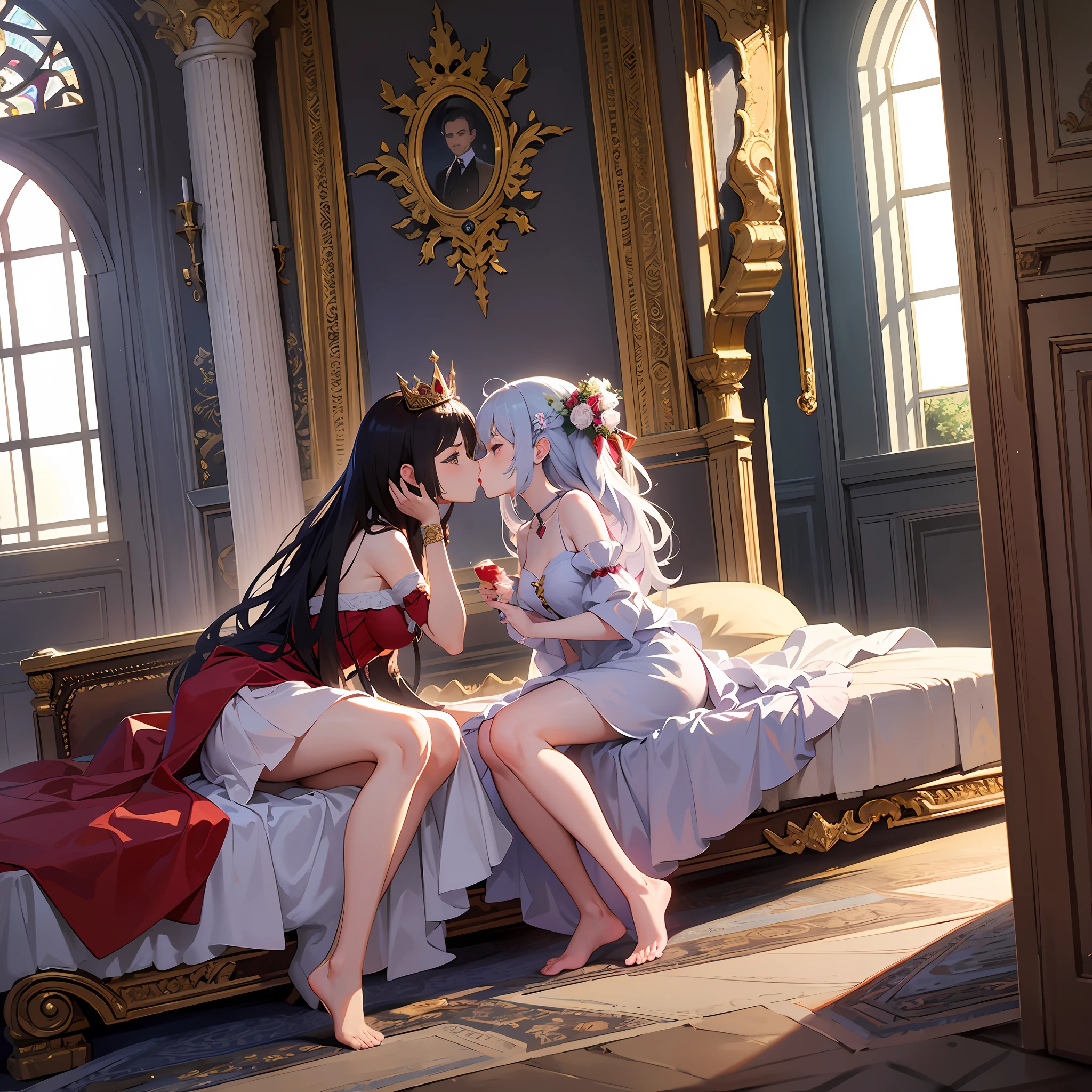(The prince kisses the princess's beautiful feet),Side lens,wide wide shot,(Beds in the palace),tmasterpiece,hyper HD,Extreme light efficiency,Normal human anatomy。