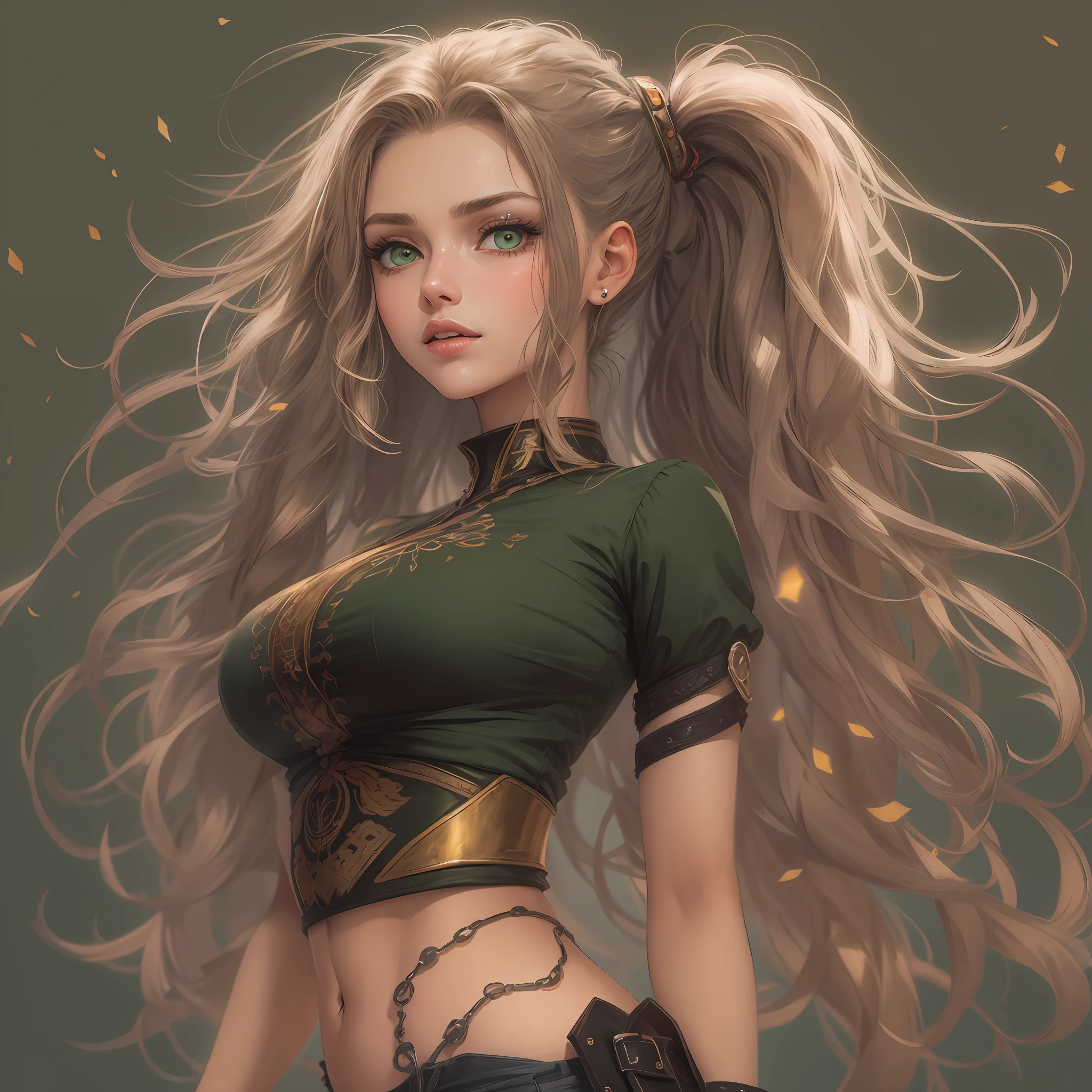 mulher loira de shorts curto, roupa verde e branca, 20 anos, sensual, decote, cabelo loiro, cabelo dourado, long hair with braids, botas brancas, decote bonito, castlevania, sensual, dynamic lights, dinamic angle, 4k, fagulhas brilhantes, barriga bonita, cores vivas, detalhes em dourado, olhar maldoso, olhar sedutor, olhos azuis, delineador nos olhos,