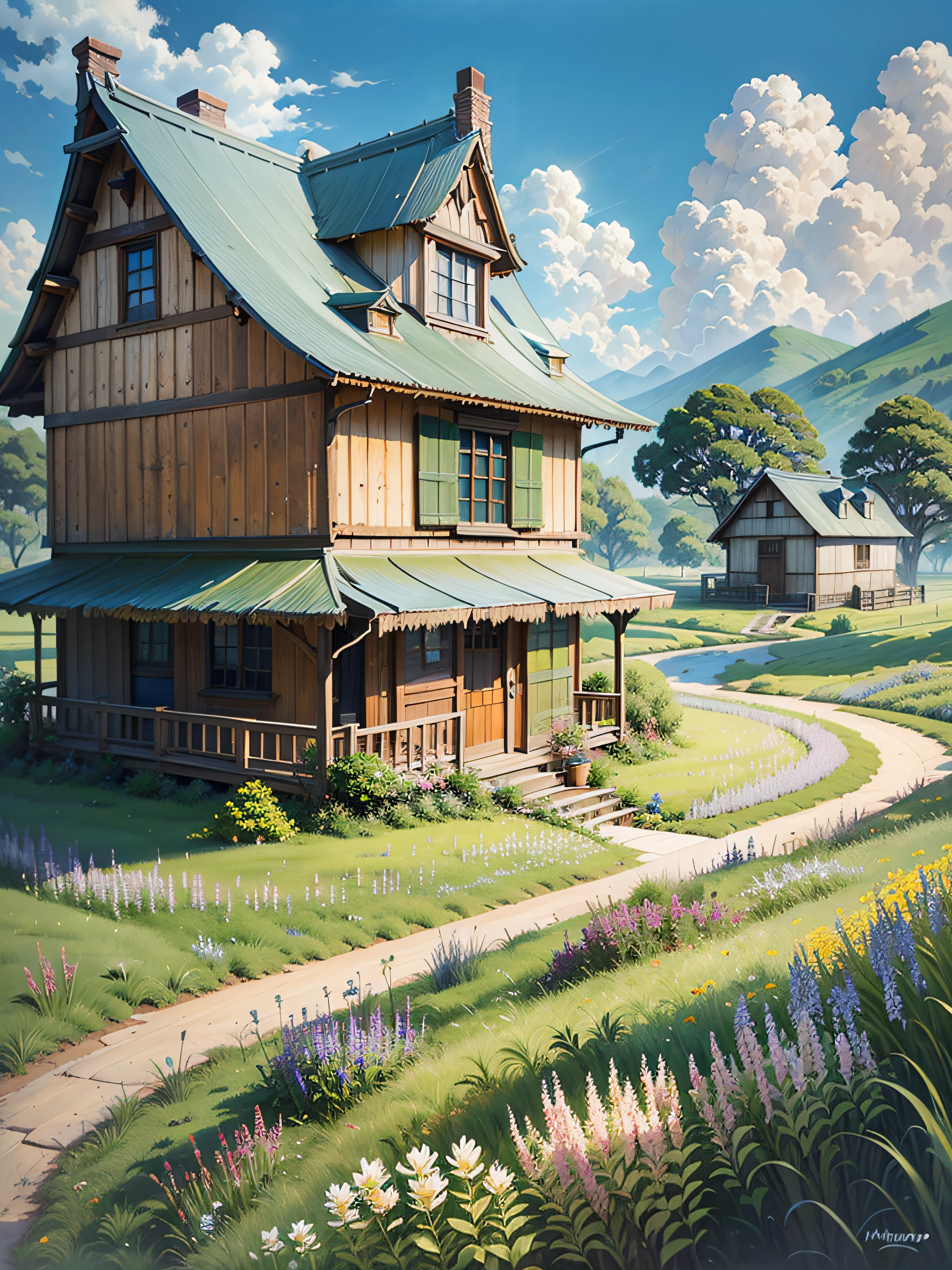 Realistic, authentic, beautiful and amazing landscape oil painting Studio Ghibli Hayao Miyazaki's petal grassland with blue sky and white clouds