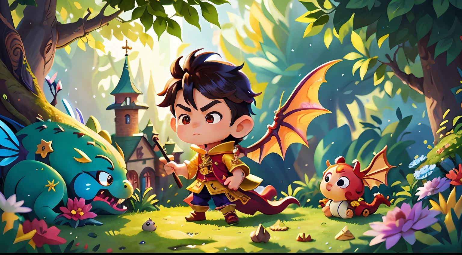 tmasterpiece,Ultimate quality,1 fairy,1 boy,Castle,chinesedragon,face perfect,super detailing,HD focus,Extremely rich colors