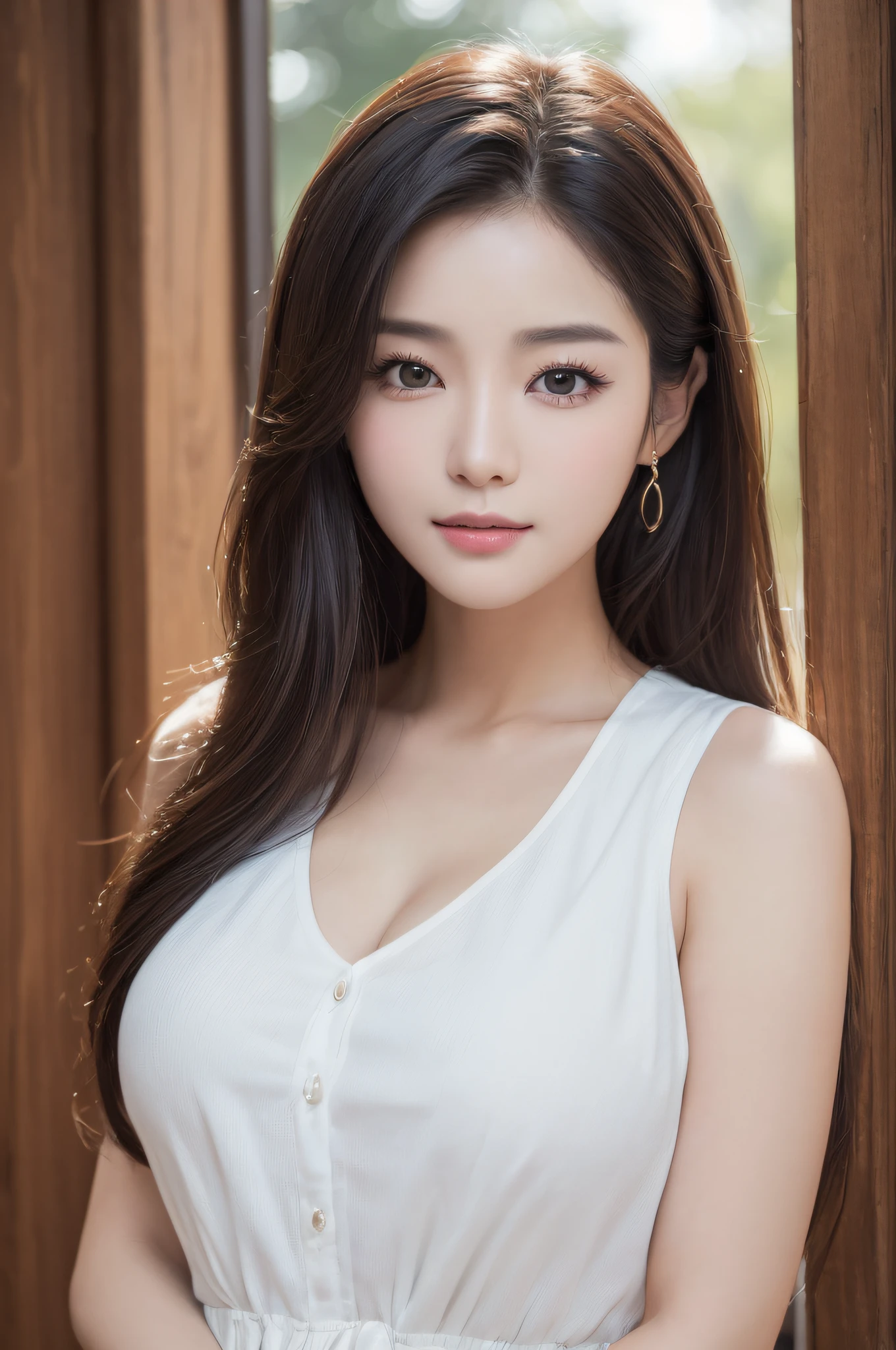 ((best qualtiy、8k masterpieces:1.3))、foco nítido:1.2、(ultra beautiful faces:1.0)、(shinny skin:1.0)、photos realistic、A dark-haired、Video Lighting、High-definition eyes and face、Video Lighting、(cowboy shot:1.3)、(Korean Cute Actress)、from the front side、medium large breasts、ssmile、Sleeveless、Wearing a white blouse