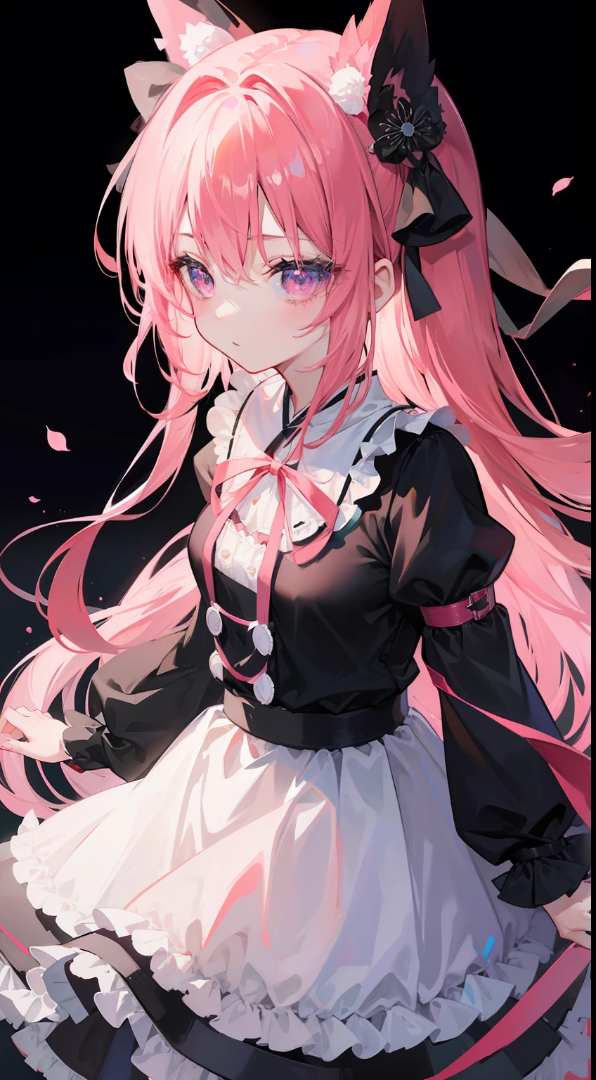 One girl、black backgrounds、Ribbon background、Ribbon dress、Shoku、A pink-haired、masterpiece、top-quality、Top image quality、Long ribbon
