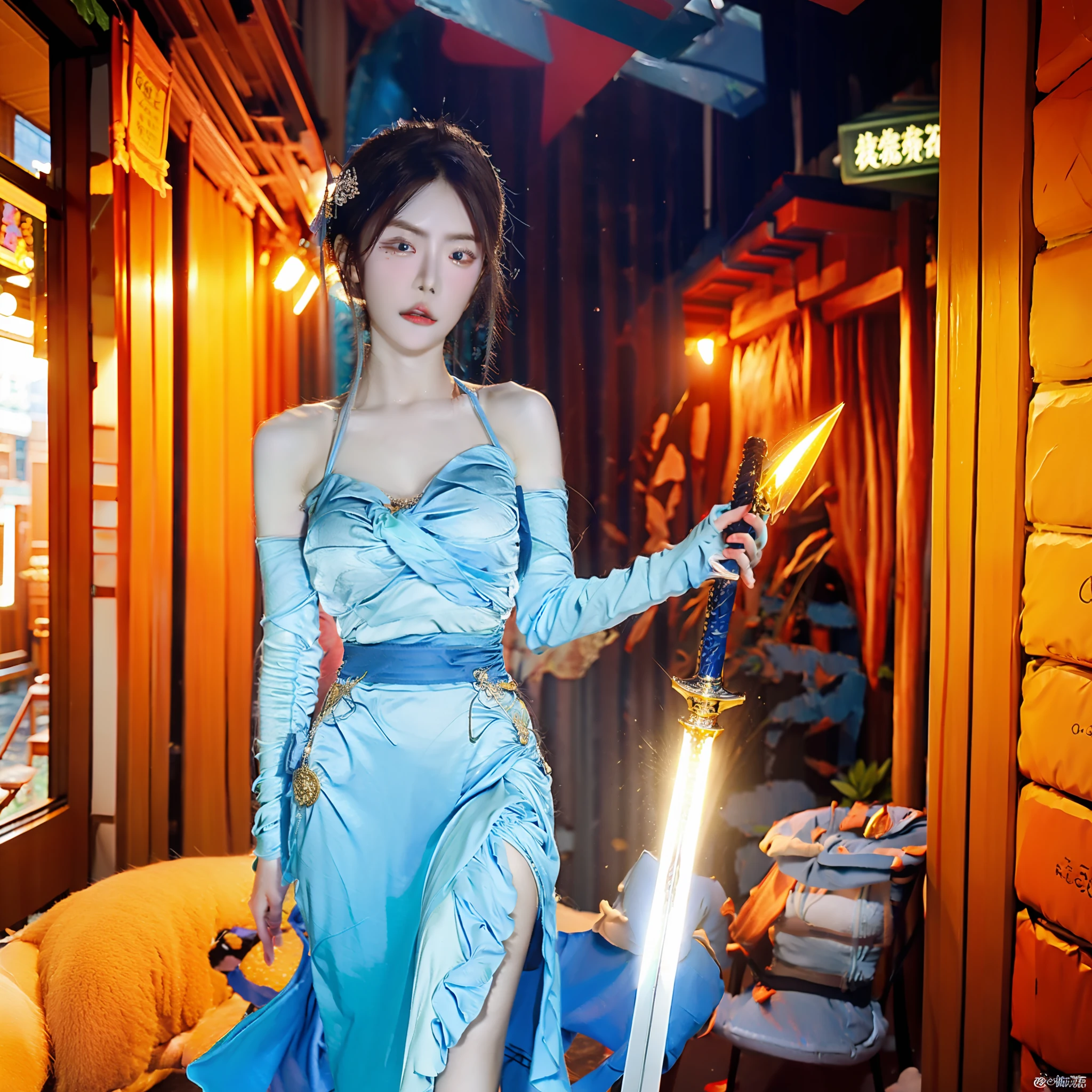 bluer hair:1.2,Short hair,femele,Ancient Chinese street scene,Rainy days,Blue cheongsam tight one-piece slit,Broad bare breasts,The skirts parted,Satin,Full-body image,Wet dripping,Holding a green dragon sword in his hand,The sword body is bubbling with cold light,Facial moisture,Expose the collarbone