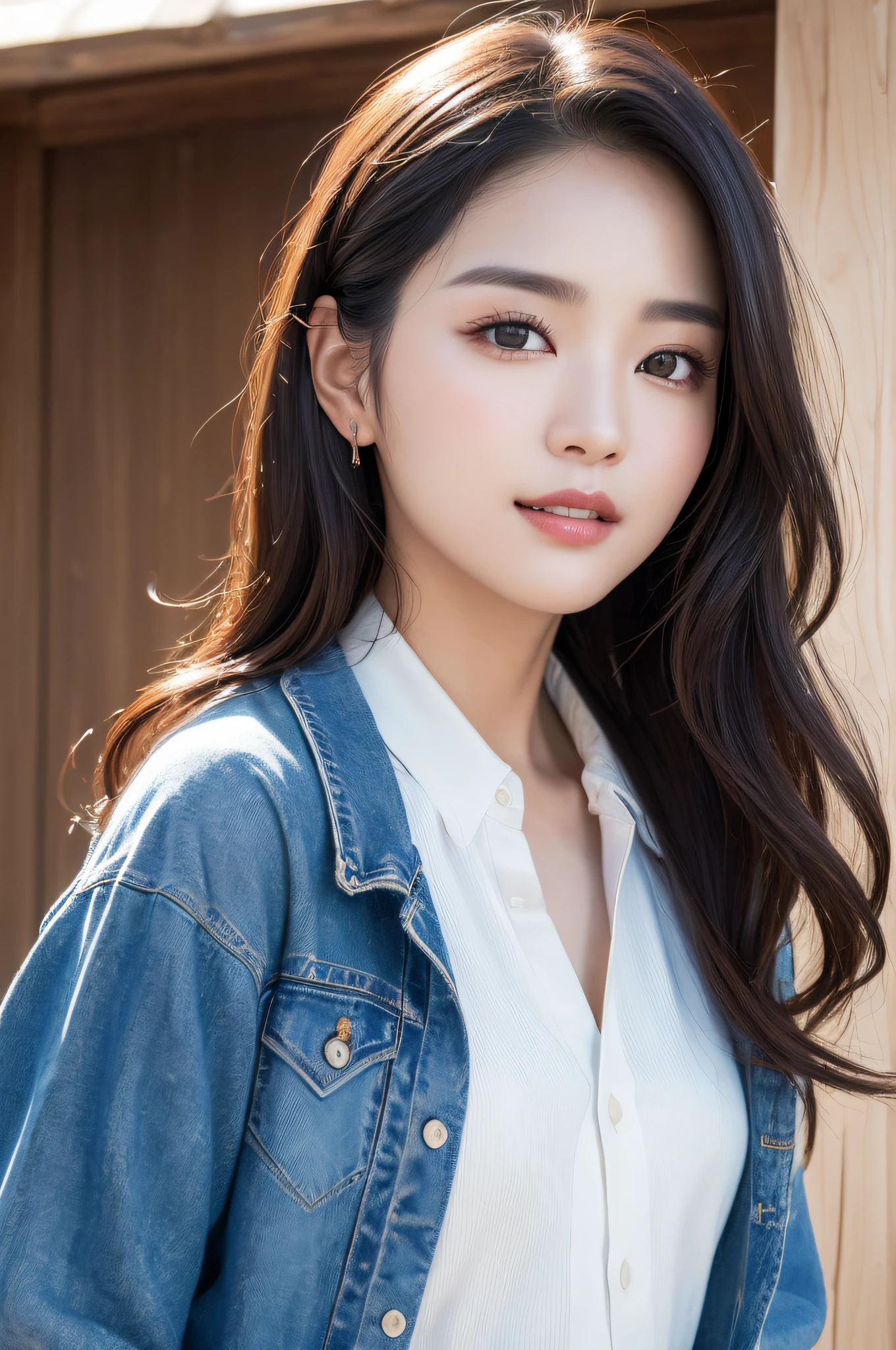 ((best qualtiy、8k masterpieces:1.3))、foco nítido:1.2、(ultra beautiful faces:1.0)、(shinny skin:1.0)、photos realistic、A dark-haired、Video Lighting、High-definition eyes and face、Video Lighting、(cowboy shot:1.3)、(Korean Cute Actress)、from the front side、medium large breasts、ssmile、Sleeveless、Wearing a white blouse