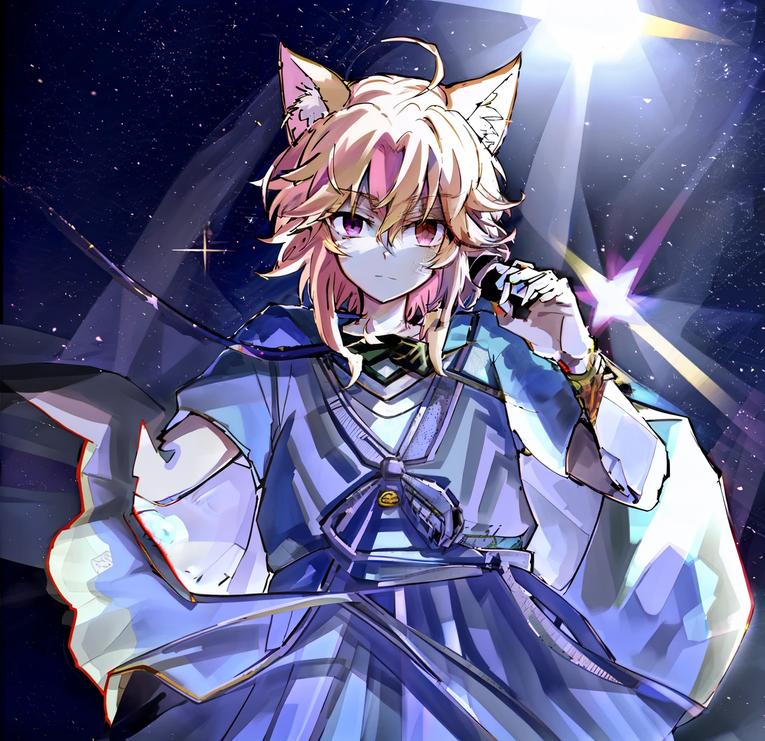 Anime boy with cat ears holding microphone in front of stars, neferpitou, trigger anime artstyle, anime cat, author：Shitao, hajime yatate, [[[[grinning evily]]]], at pixiv, Anime boy, Male anime style, In anime style, with glowing eyes, By Yuumei