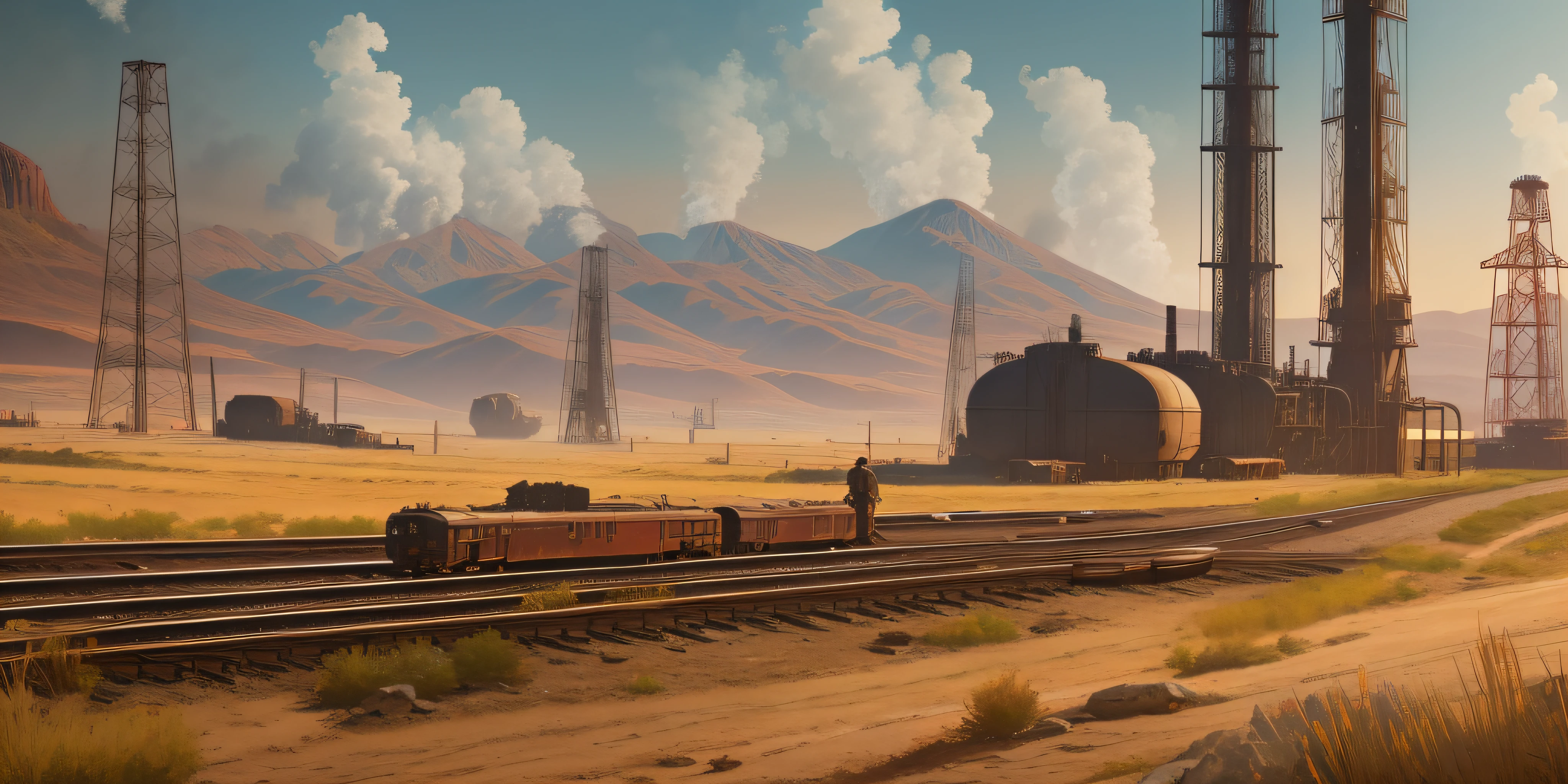 Faraway view,Wide screen,European and American illustration style,Westworld,Scenes,desolated,Oil exploration,Oil rigs,pipelines,Modern scene,Small towns,railroad tracks,Steam trains,Towering chimneys,gigantic mountains,Dry meadow,Skysky,High-quality paintings,GameCG,Game concept art,3A masterpiece,ultraclear,8K