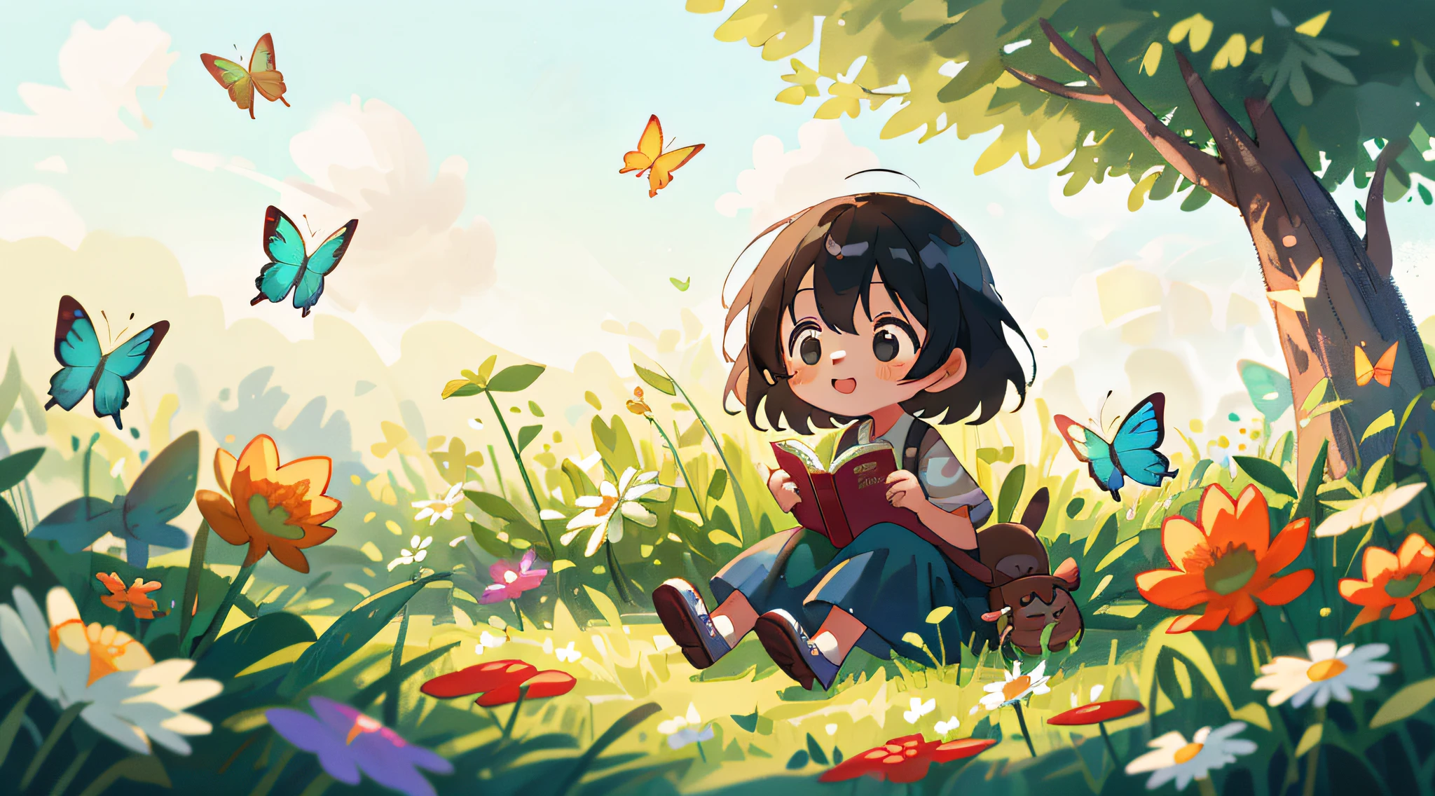 Anime girl sitting on grass,holding a book in his hands, Cute detailed digital art, lovely art style, Detailed fanart, By Ni Duan, Digital anime illustration, lovely digital painting, childrens art in artstation, by Yang J, cute detailed artwork, adorable digital art, cute storybook illustration, cute artwork, reading under a tree, A beautiful artwork illustration