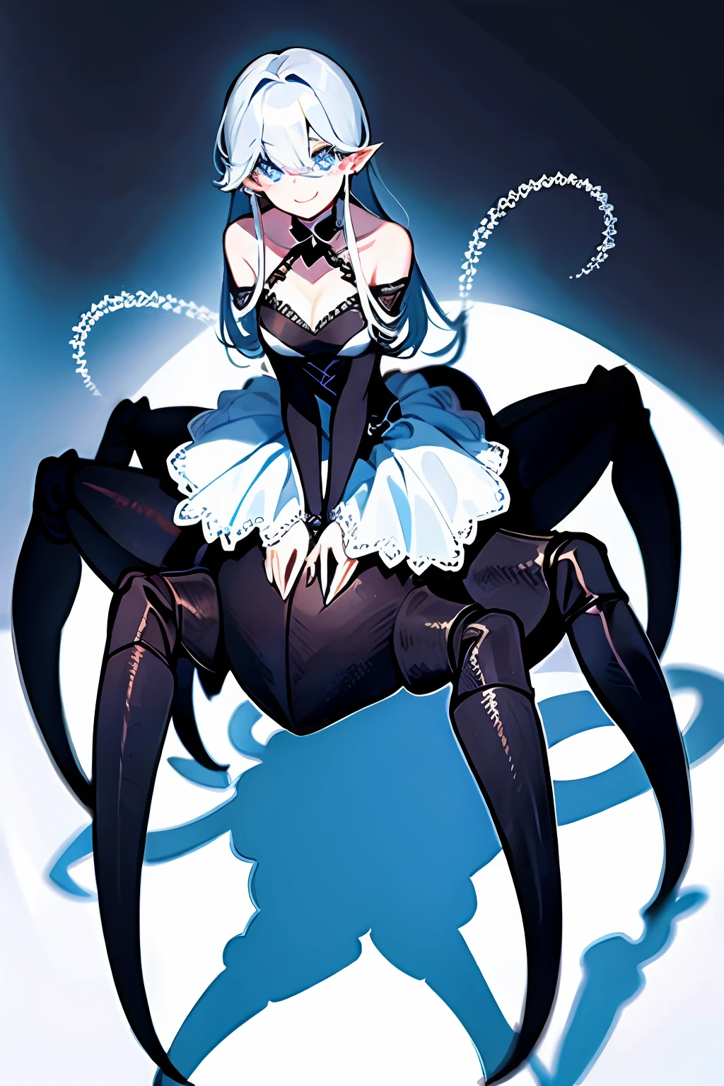 1girll,There is charm in the smile,The eyes are blue,Light and shadow interlace,Half spider, half human。
