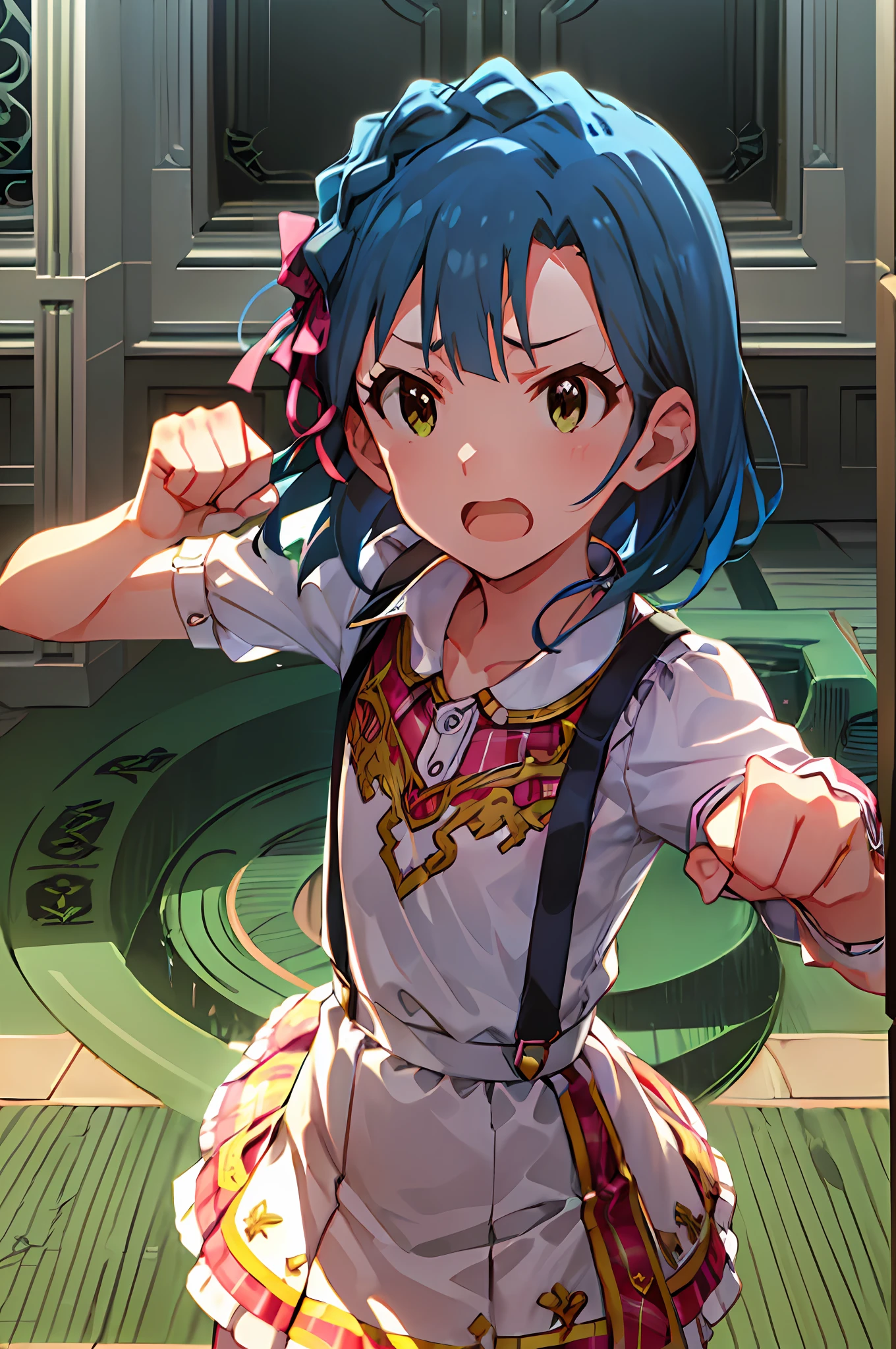 yuriko nanao (million live). Short stature. white t-shirts. suspenders.Skirt.(((masterpiece))).(((best quality))).((Ultra-detailed))).(((illustratio))). (((fighting stance))).(((a room))).(((make a fist))).(((up chest))).Despair face.(((short-hair))).((Medium chest)).((Opening Mouth)).
