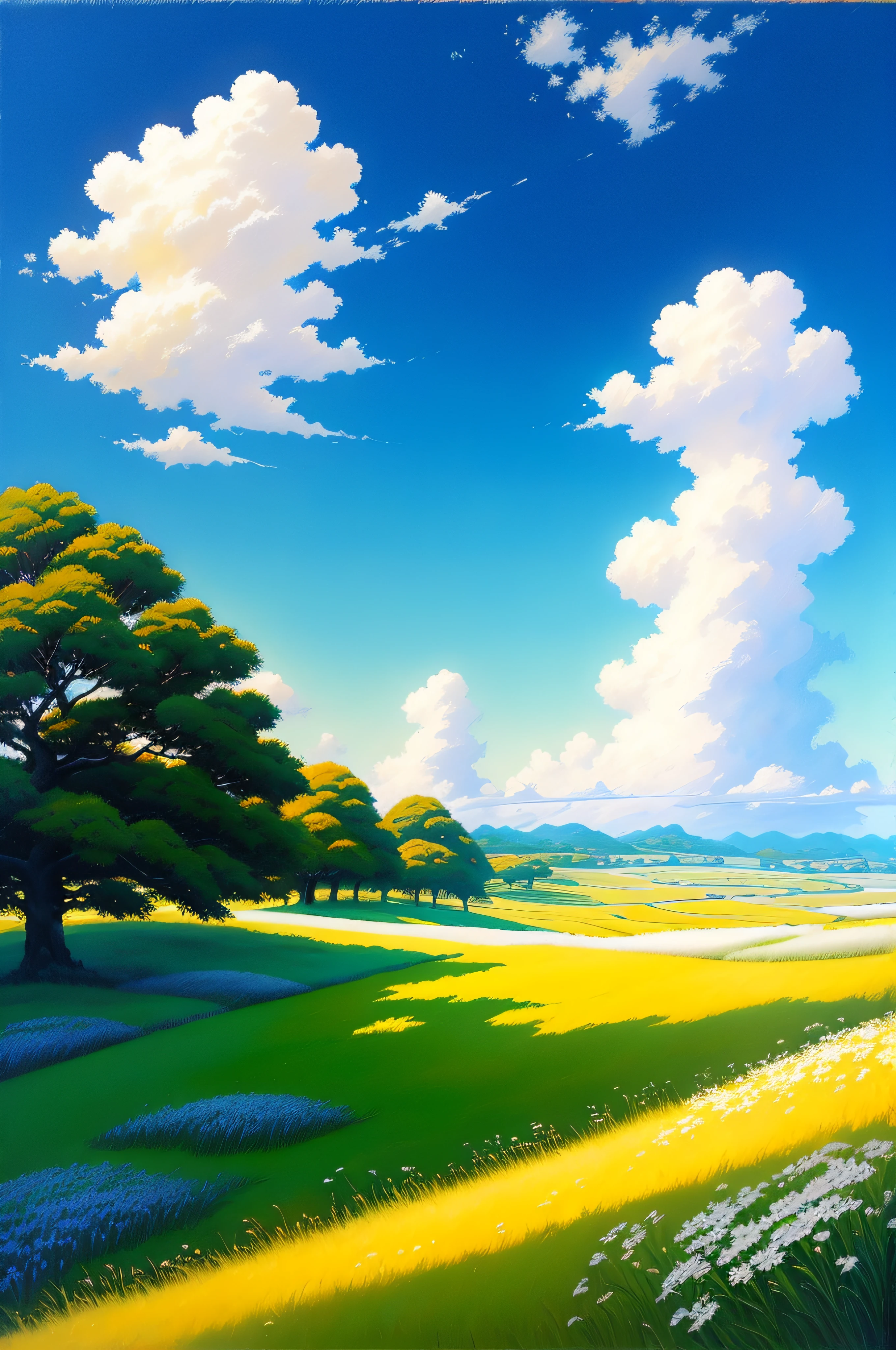 Realistic, authentic, beautiful and amazing landscape oil painting Studio Ghibli Hayao Miyazaki&#39;s petal grassland with blue sky and white clouds