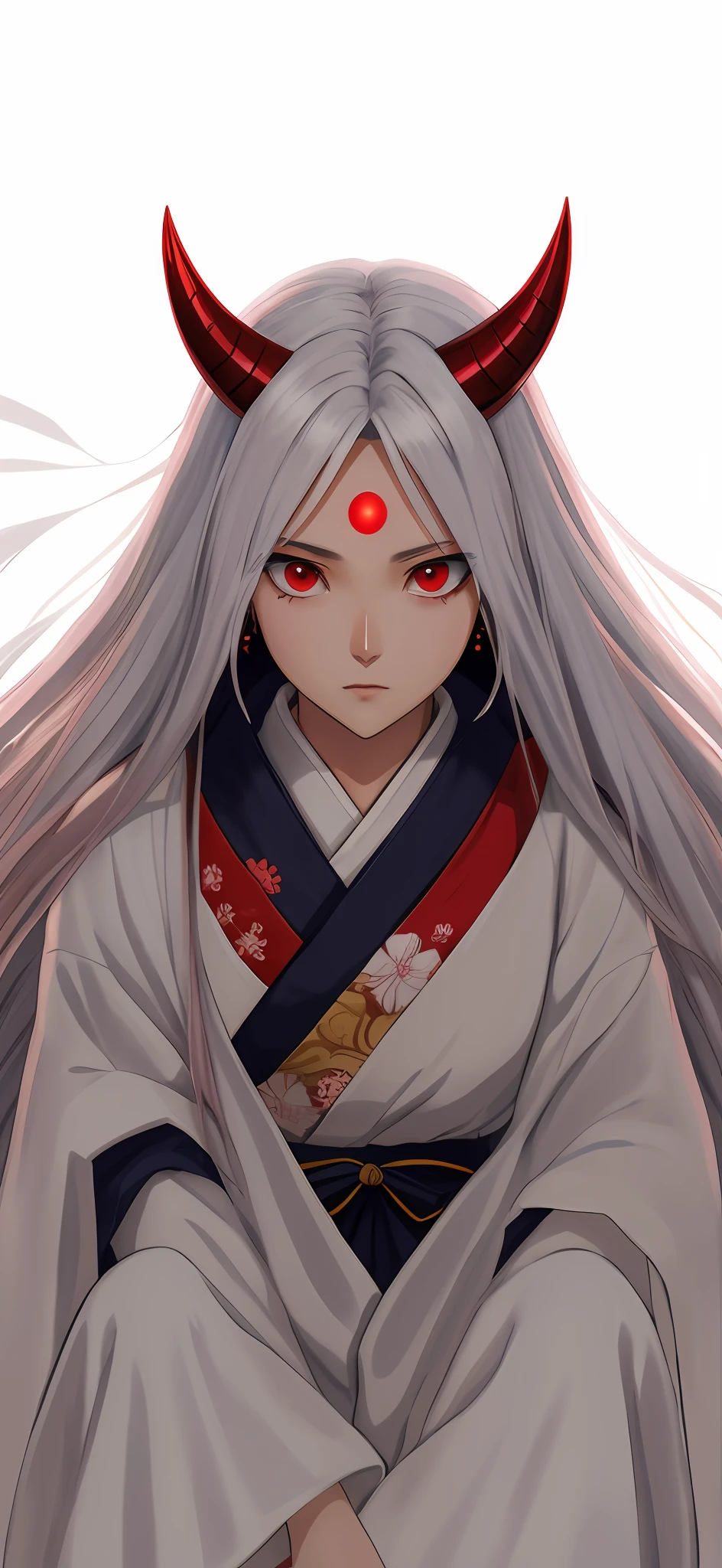 anime character with long white hair and horns wearing a white costume, white haired deity, amaterasu, onmyoji portrait, itatchi uchiha, onmyoji, the piercing stare of yuki onna, with red glowing eyes, with glowing red eyes, 3d character, with red eyes, akatsuki akira, onmyoji detailed art, anime woman, 1girl, realistic, ultra detail, 70 mm lens,