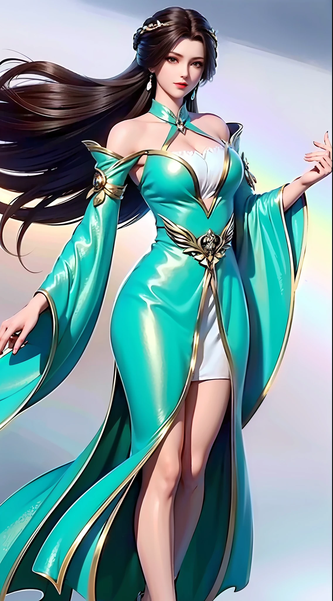 tmasterpiece,Need,1female,brunette color hair,cropped shoulders,long whitr hair,shift dresses,Cowboy photos,Dynamic pose,dynamic angle,Full body photo,Jade foot,