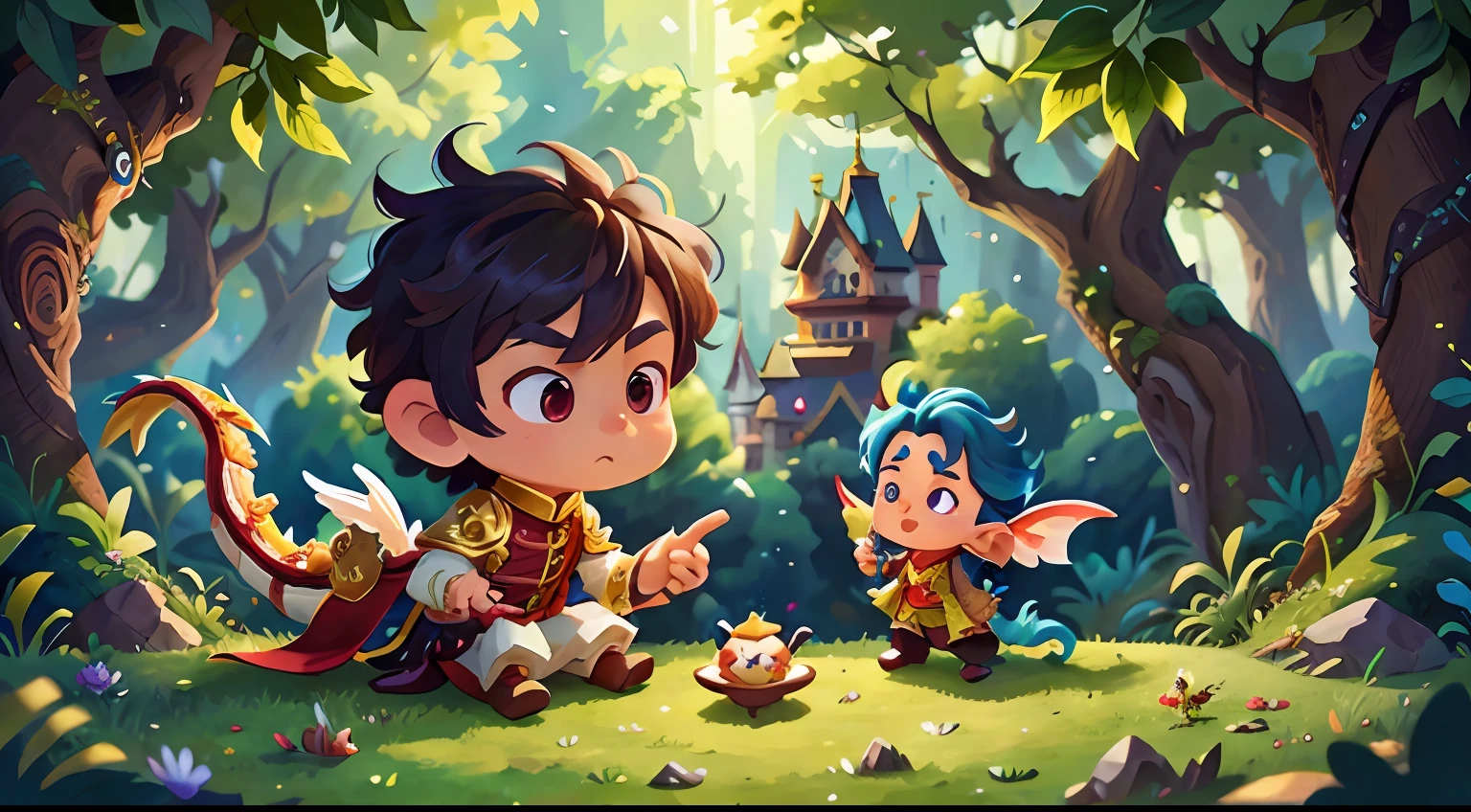 tmasterpiece,Ultimate quality,1 fairy,1 boy,Castle,chinesedragon,face perfect,super detailing,HD focus,Extremely rich colors