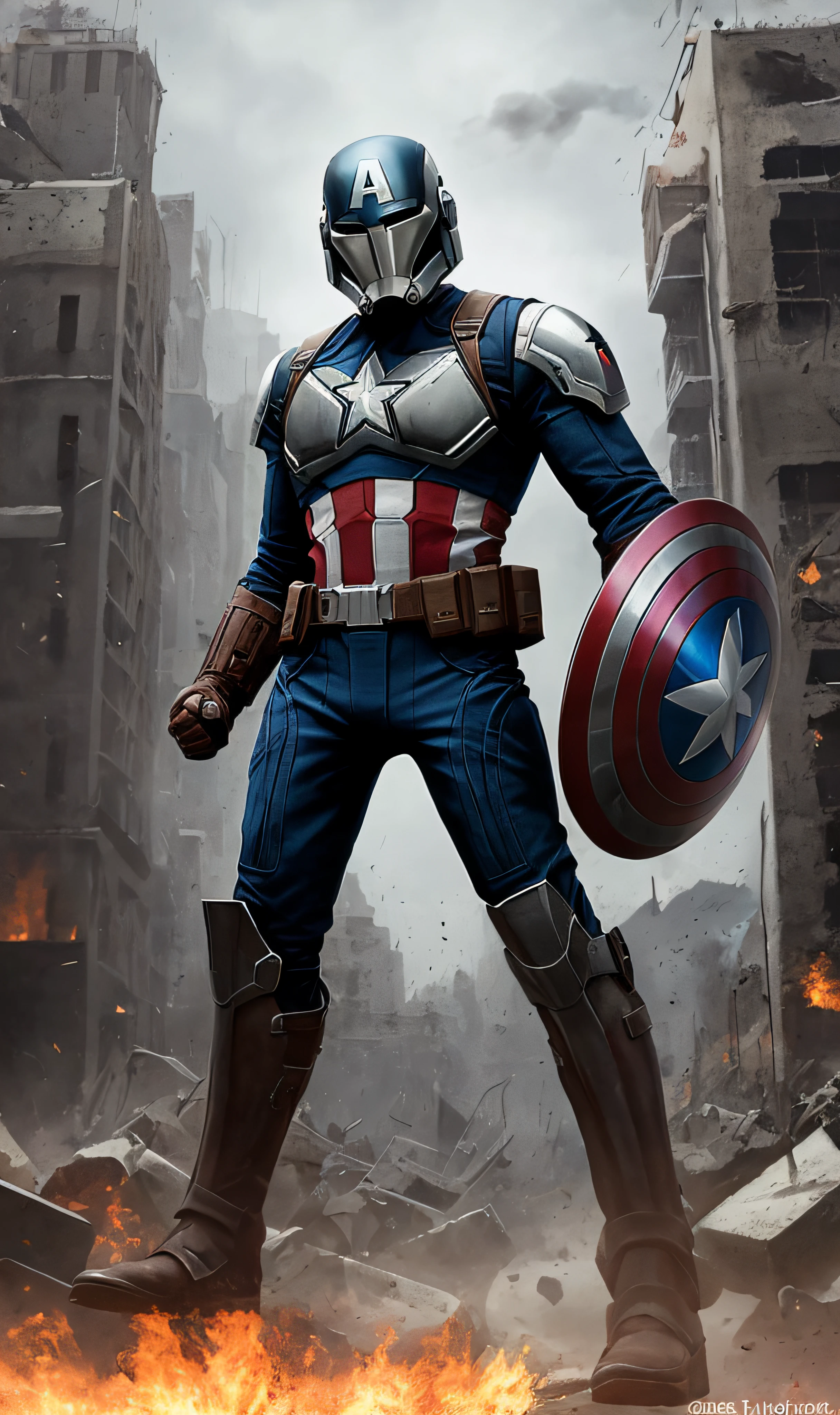 Extremely detailed and ultra - realistic full body illustration of Captain America as a Harley quiin, his helmet retaining the trademark winged A design of his classic mask, blended seamlessly with the traditional Mandalorian T - visored helmet. The helmet's reflection captures the intensity of the battle scene around him. He's holding his iconic shield, which now shows a blend of vibranium and beskar steel aesthetics, reflecting the world around him in its polished surface. His posture is vigilant and ready for combat. The backdrop is a gritty, smoke - filled battlefield under an overcast sky, as if rendered by Unreal Engine 5, giving a tangible sense of looming danger and high stakes. This piece carries an anime influence as inspired by the Niji model, adding a stylized edge to the hyper - realism. Portrait orientation with a ratio of 9: 16 completes the epic composition.,