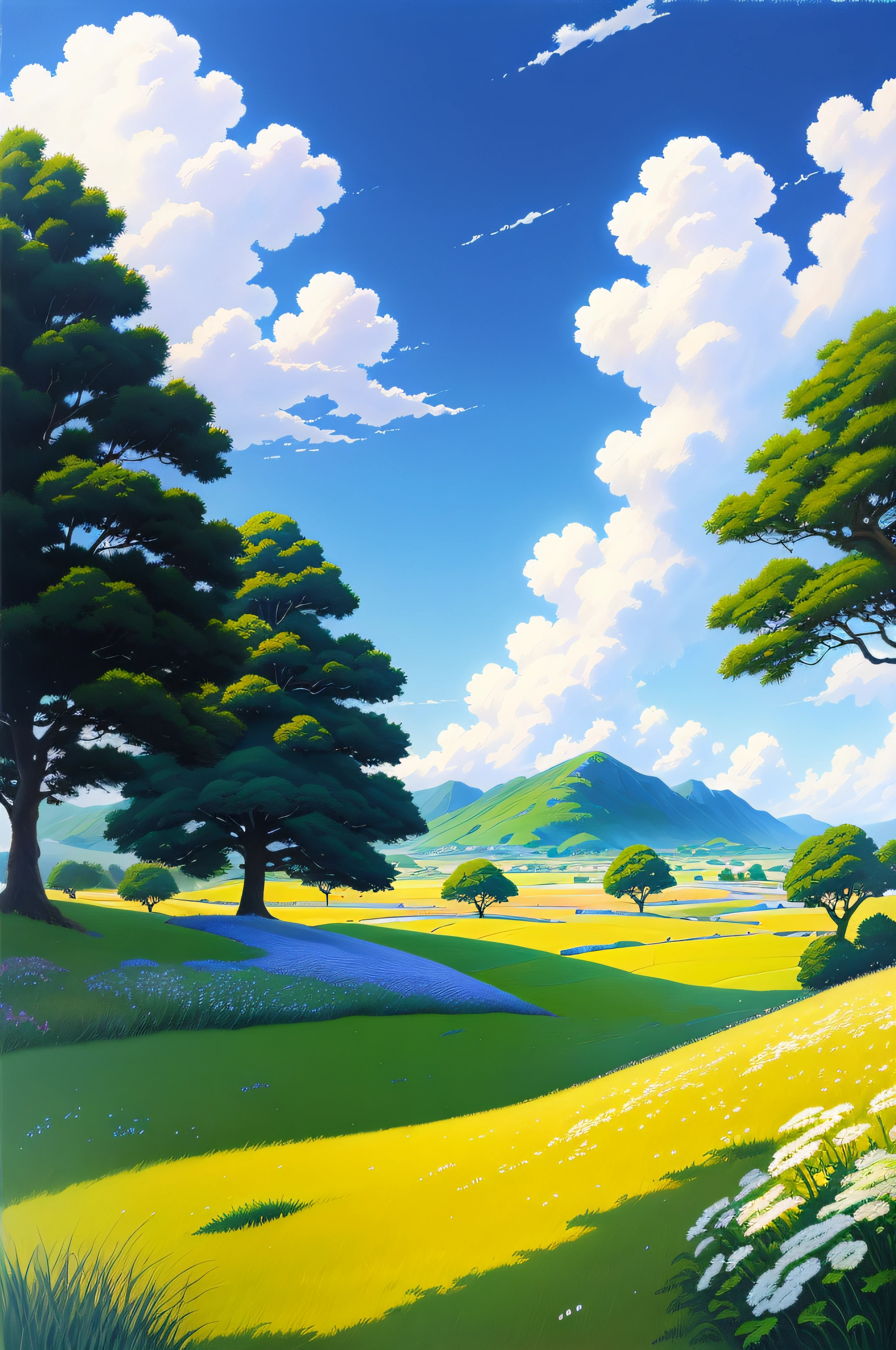 Realistic, authentic, beautiful and amazing landscape oil painting Studio Ghibli Hayao Miyazaki&#39;s petal grassland with blue sky and white clouds