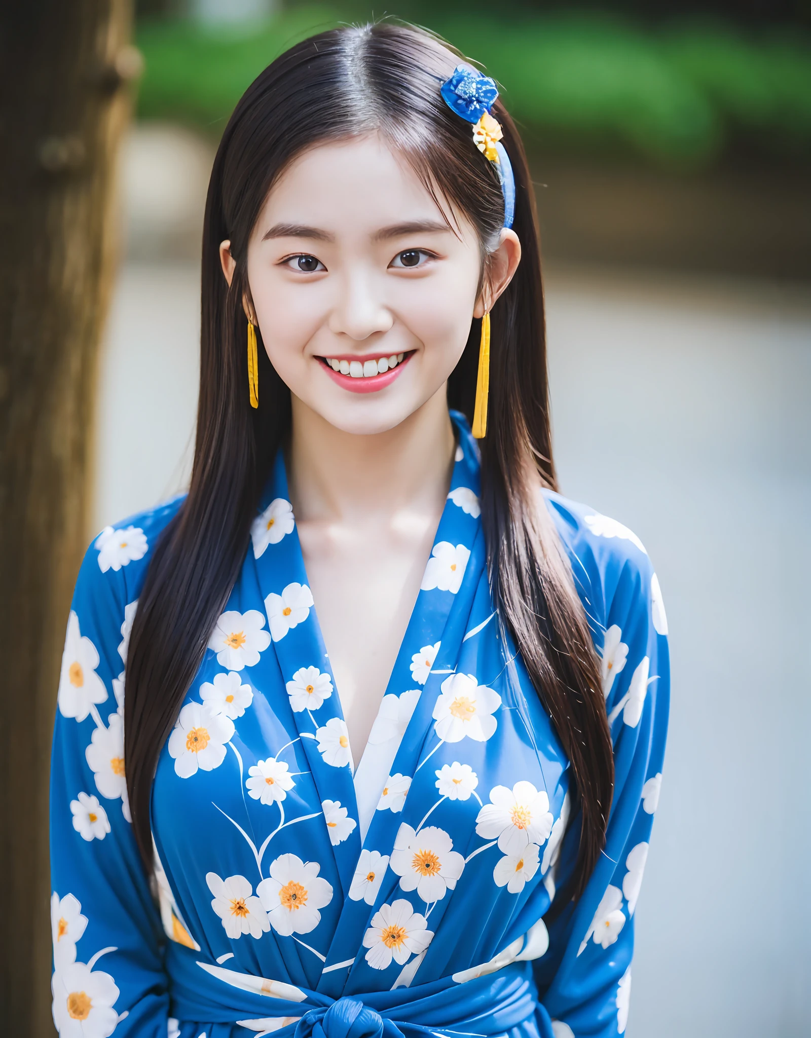 Young Japanese girl in her 20s,with a round face, Layers of black hair, Smile with teeth bared, Blue yukata and floral hair accessories. (8K, Best quality : 1.2), (Masterpiece, Photorealistic : 1.3), Super detail, Anatomically correct
