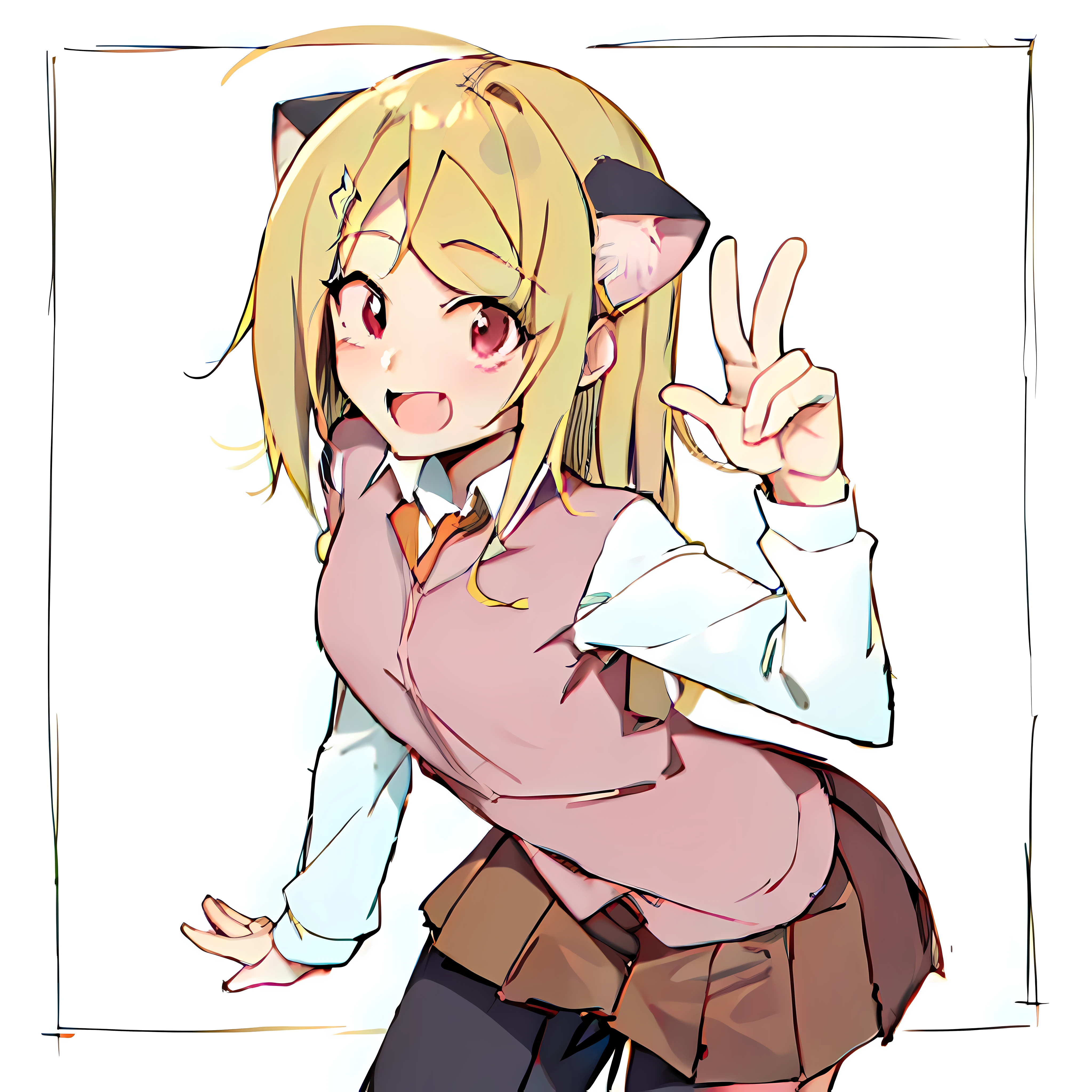 a drawing，A girl holds a peace sign in her hand, clean anime outlines, anime style drawing, anime pose, perfect lineart, with index finger, anime girl with cat ears, pudica pose gesture, ecchi anime style, Anime moe art style, in an anime style, In anime style, holding a pudica pose