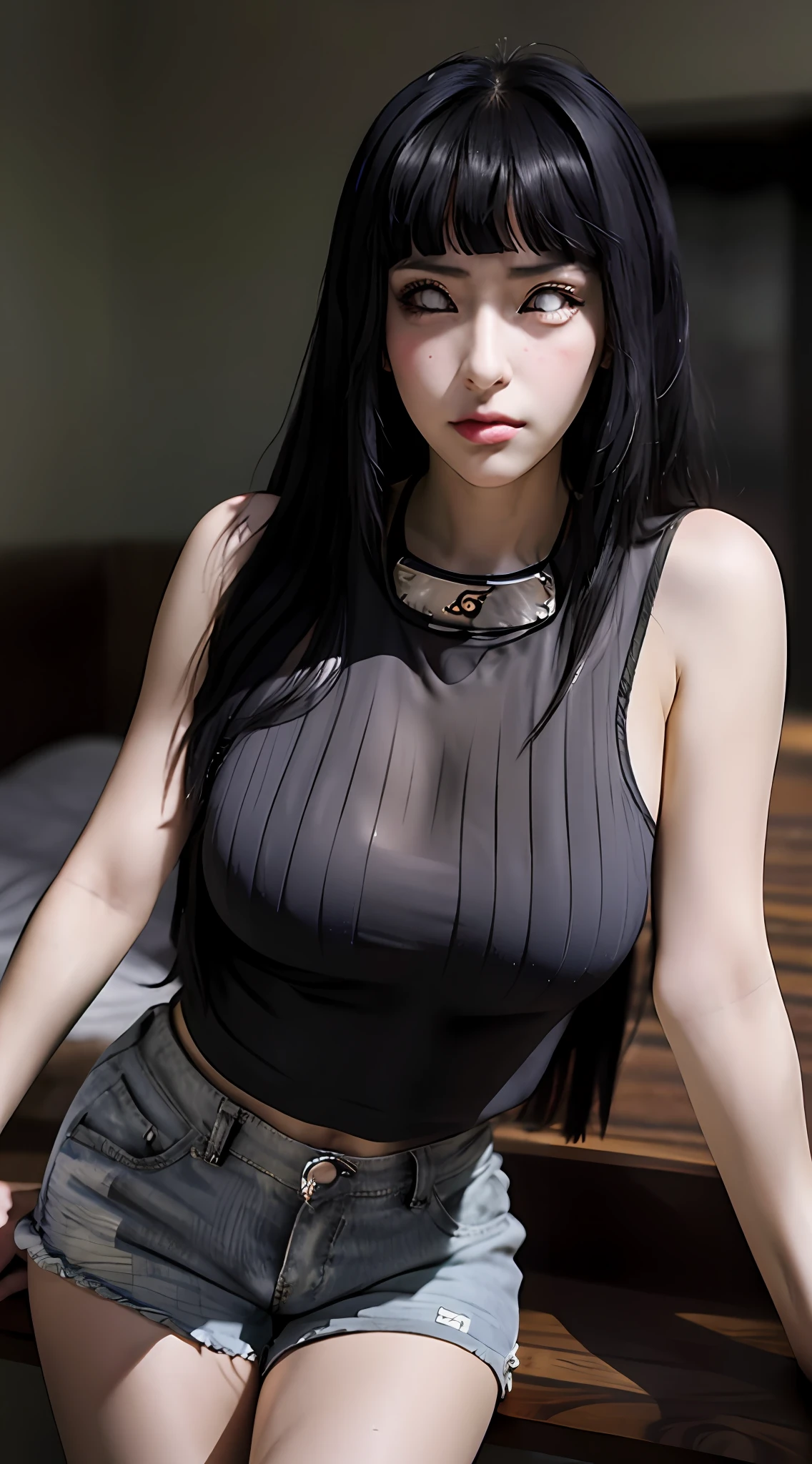 a woman in a black top and shorts, realistic girl, white lens, byakugan, cute girl, hinata naruto, hinata, hinata hyuga, seductive girl, beautiful alluring  woman, hinata hyuga, anya from spy x family, inspired by Rei Kamoi, breast, sexy girl, anime hentai, tansparent, toples, transparent shorts, no bra, no pants, no CD, no underwear, cute woman, seksi pose