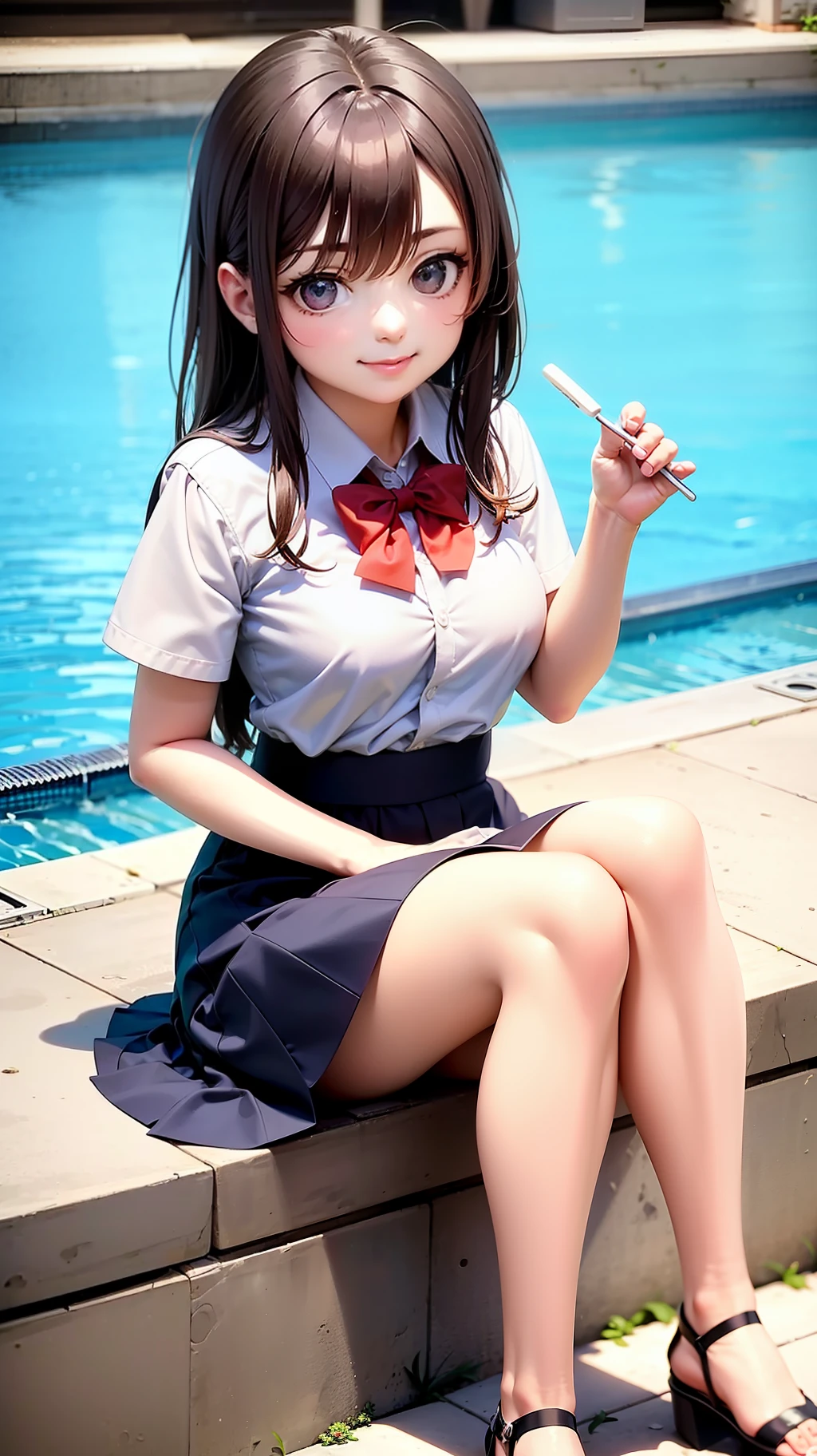 A smiling schoolgirl is sitting on the poolside of the school and eating ice cream. Anatomical