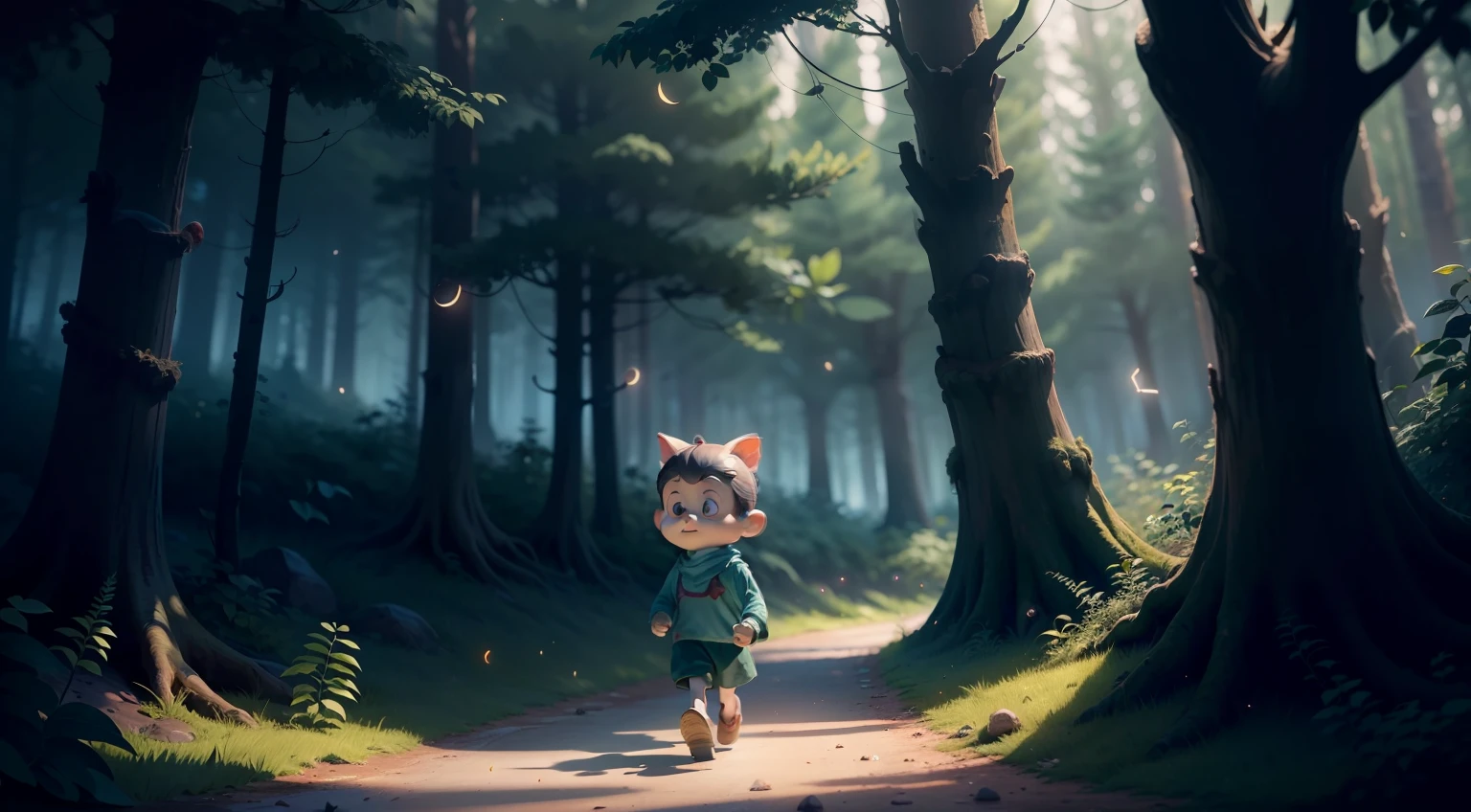 Mysterious Pinocchio puppet made of black wood, big nose, walking on a small trail through the dark forest, with many trees, moss, vines, slime, fireflies, midnight, backlight, moonlight (masterpiece: 1.2) (illustration: 1.2) (best quality) (circumstantial) (intricate) (8k) (HDR) (wallpaper) (Cinematic lighting) (sharp focus)