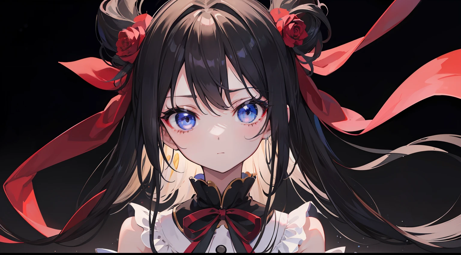 One girl、black backgrounds、Full of ribbons、onepiece、Shoku、A dark-haired、masterpiece、top-quality、Top image quality、Long ribbon
