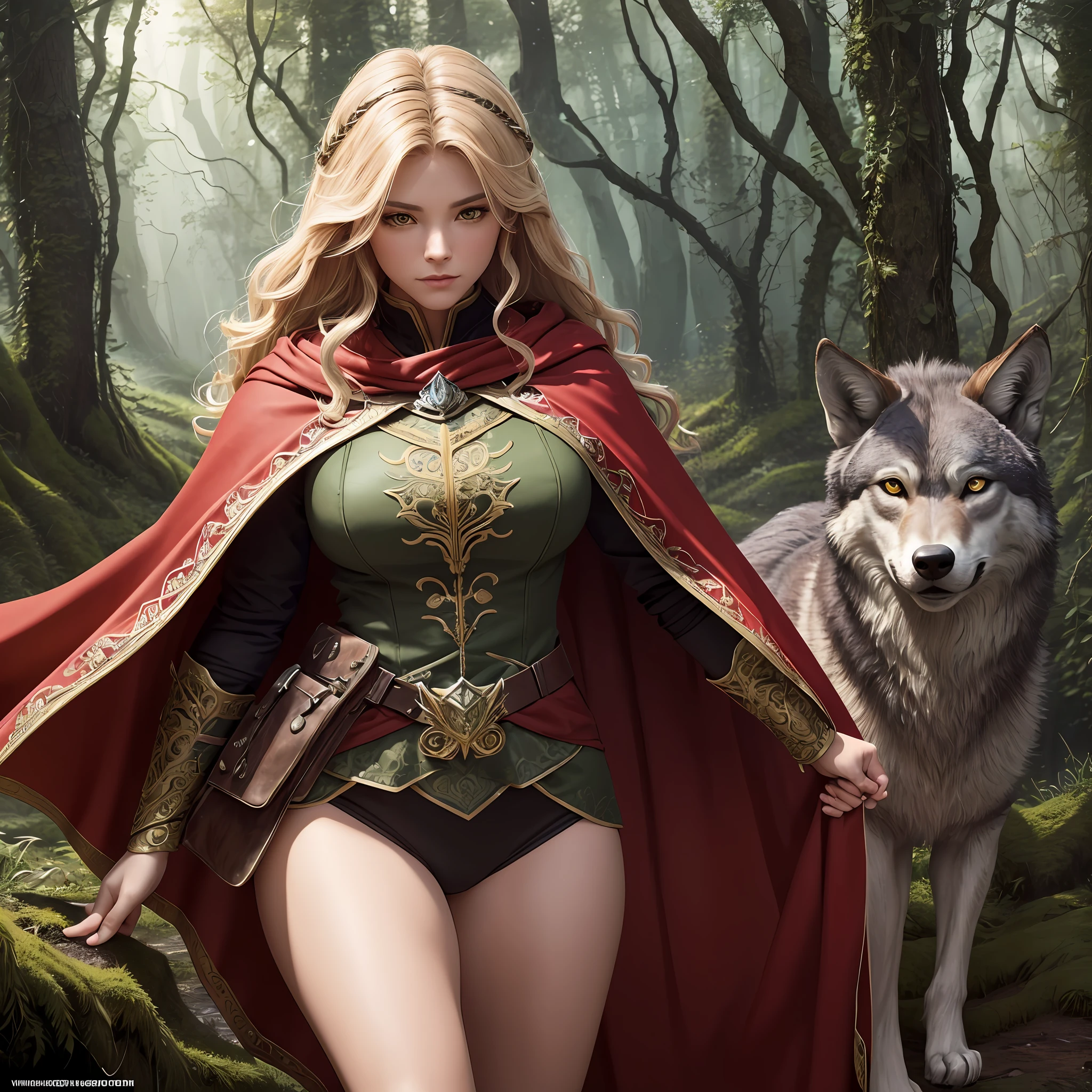 high details, best quality, 8k, [ultra detailed], masterpiece, best quality, (extremely detailed), dynamic angle, ultra wide shot, RAW, photorealistic, fantasy art, dnd art, rpg art, realistic art, a wide angle picture of a female huaman ranger hunting a wolf, human ranger, warrior of nature full body, [[anatomically correct]]. dynamic position (1.5 intricate details, Masterpiece, best quality) armed with a longbow(1.6 intricate details, Masterpiece, best quality) in a fantasy forest (1.5 intricate details, Masterpiece, best quality), a woaman wearing red hood, red cloak, long cloak, flowing cloak (1.4 intricate details, Masterpiece, best quality), blond hair, intense bright eyes, fantasy forest  background (intense details), big wolf (1.4 intricate details, Masterpiece, best quality), dynamic light (1.4 intricate details, Masterpiece, best quality), dynamic angle, (1.4 intricate details, Masterpiece, best quality) 3D rendering, high details, best quality, highres, ultra wide angle