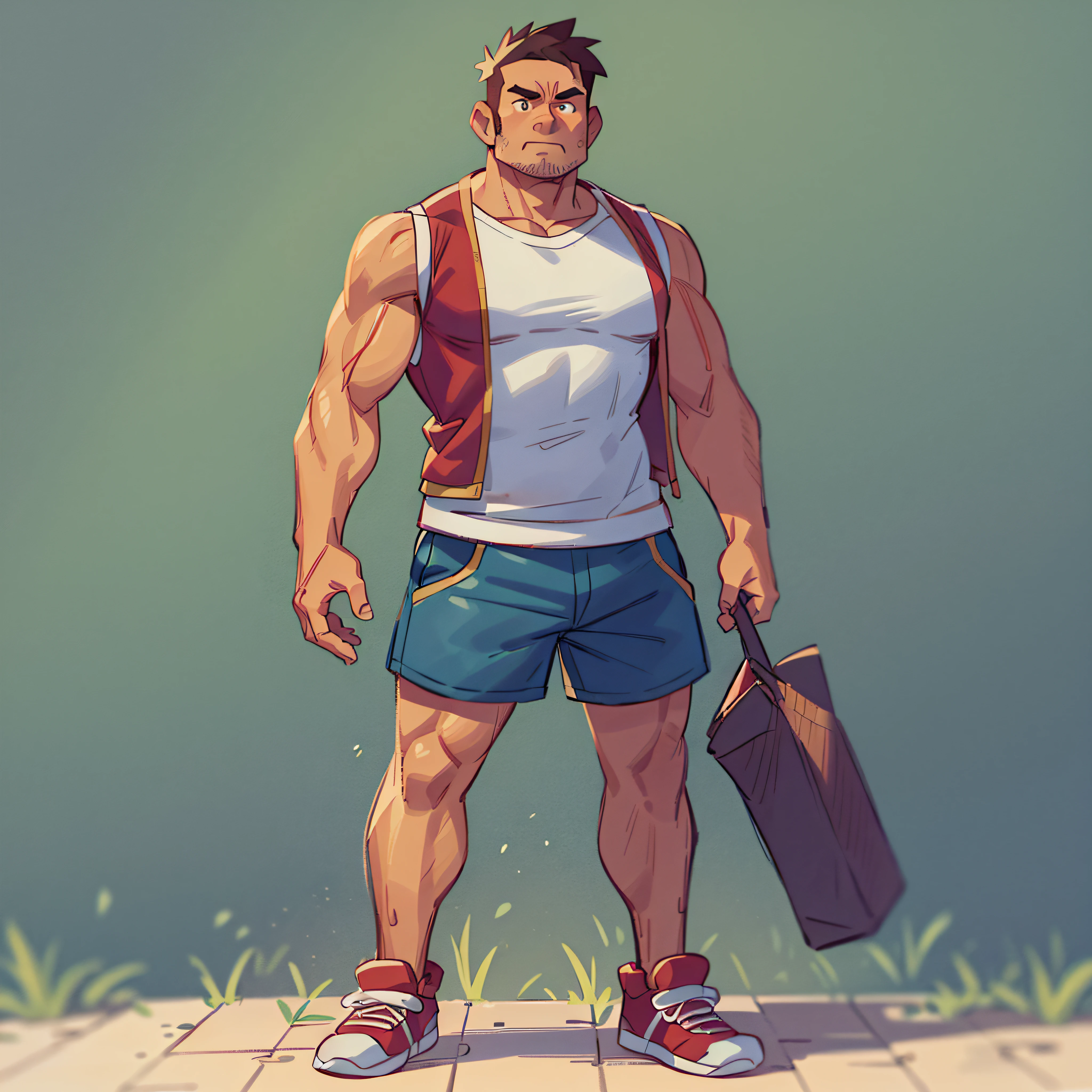Muscular man, about 40 years old, wearing a vest and shorts, full body photo, standing in front of him