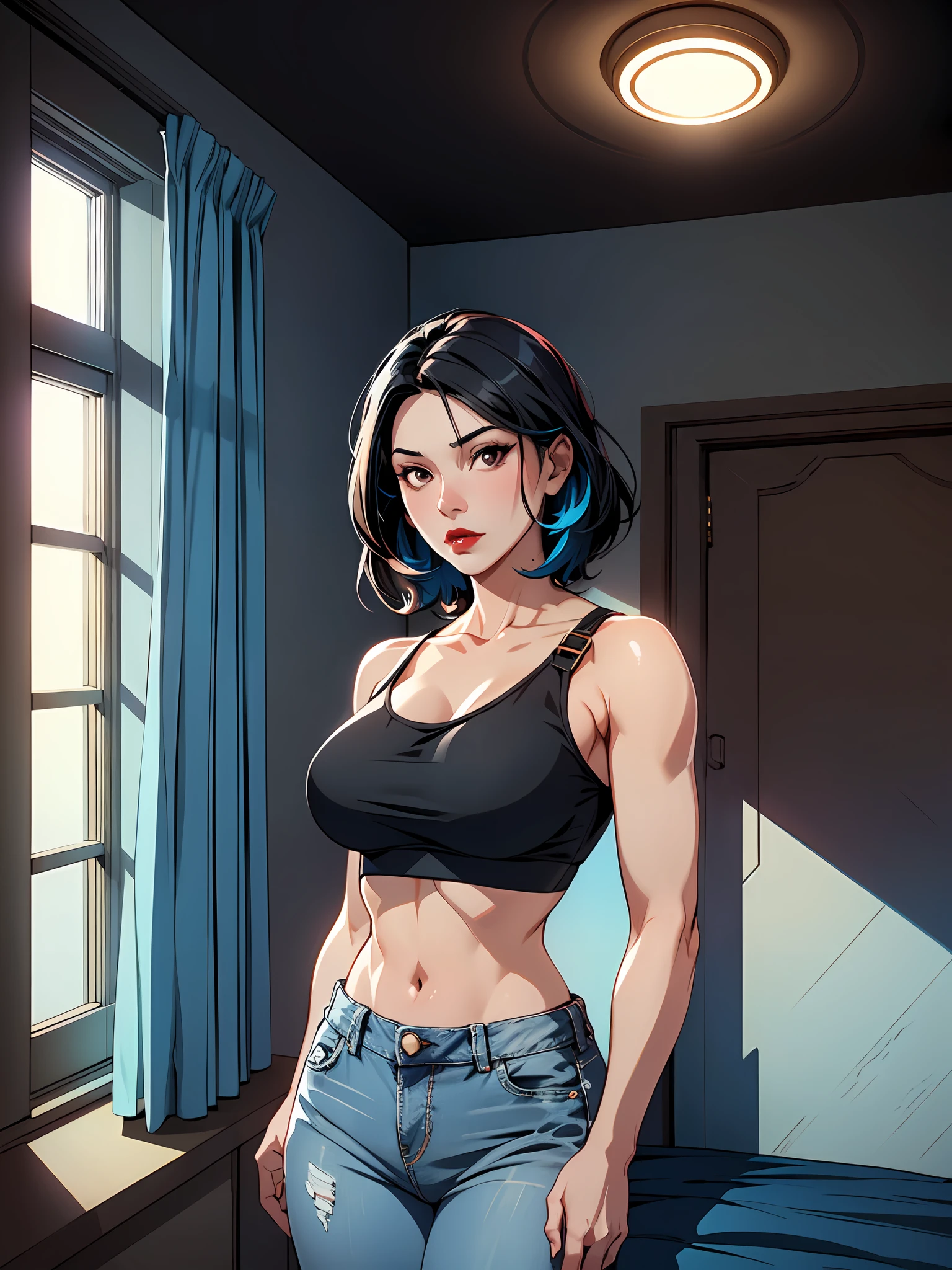 woman, (mature), black hair, middle partition, black eyes, dark red lips, sky blue thin strap crop-top, jeans, barefoot, in bedroom near window, dynamic lighting, two tone lighting, high contrast